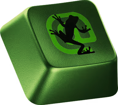 Touche de clavier verte avec une silhouette de grenouille noire sur un fond vert clair.