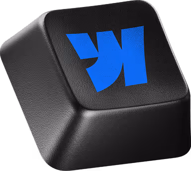 Touche de clavier noire avec un logo bleu stylisé ressemblant à la lettre K inversée.