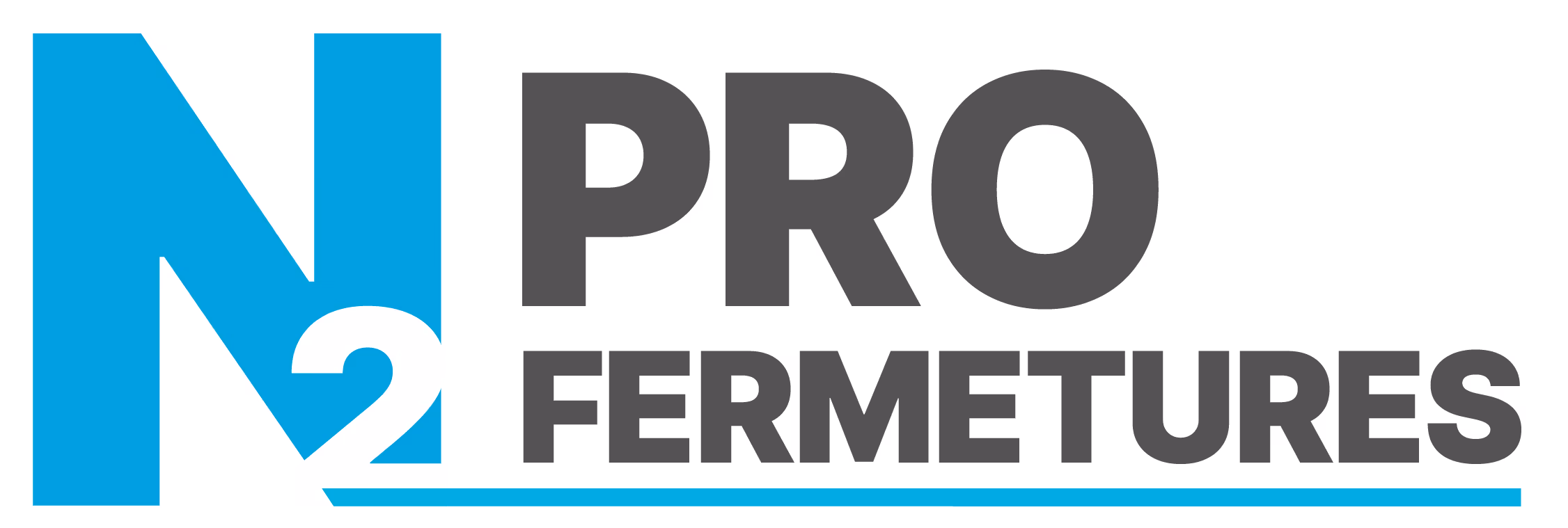 Logo N2 PRO FERMETURES avec un grand N bleu et un 2 blanc superposé, texte gris à droite.