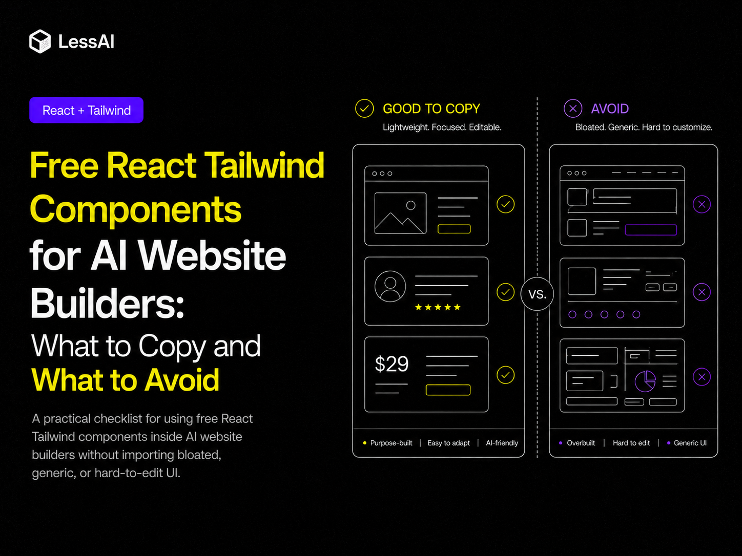 A practical checklist for using free React Tailwind components inside AI website builders without importing bloated, generic, or hard-to-edit UI.