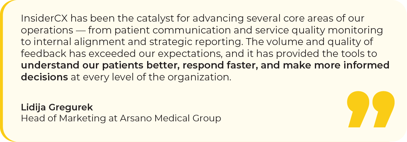 InsiderCX testimonial provided by Arsano Medical Group.