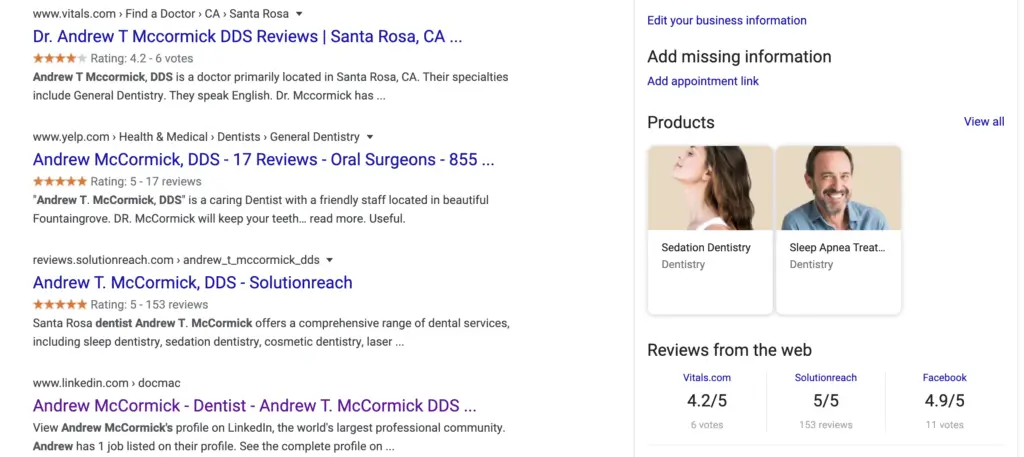 An example of a dental practice using the Products option on their Google My Business profile.