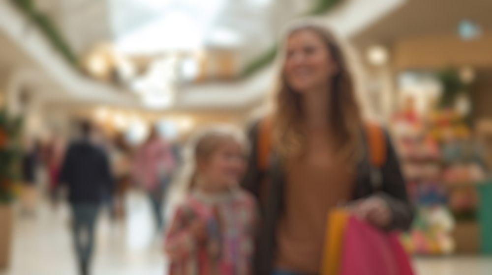 Myopia Control Techniques? Defocused Background of Happy mother and daughter walking in shopping mall with colorful bags and joyful expressions on their faces. Blurred Background Photo.