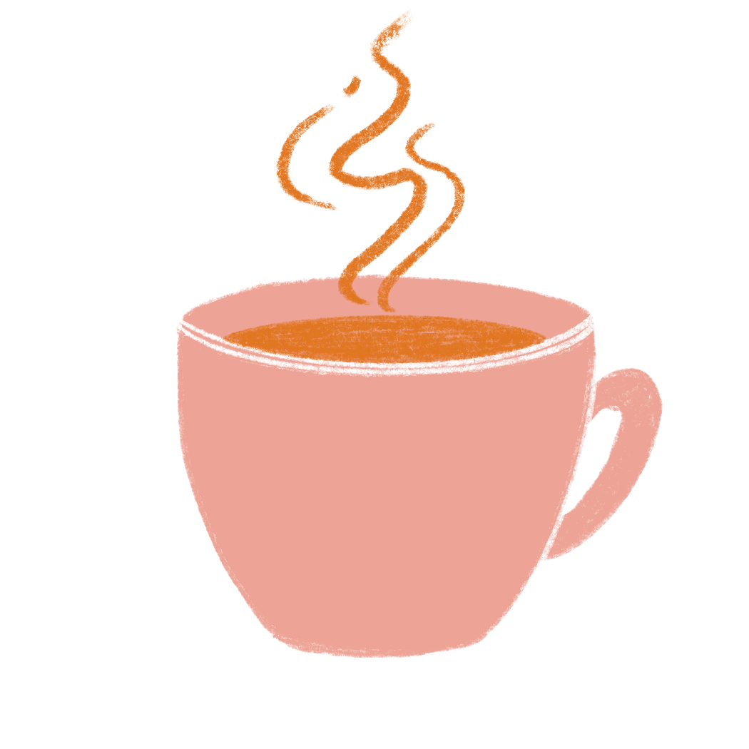 A drawing of a 
steaming cup of coffee
