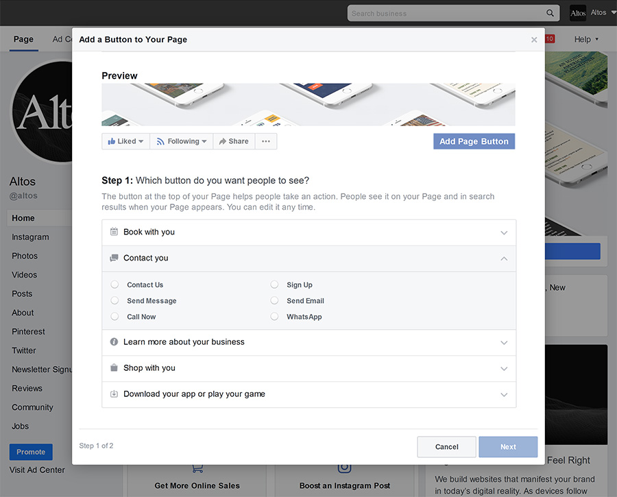 edit your Facebook page button