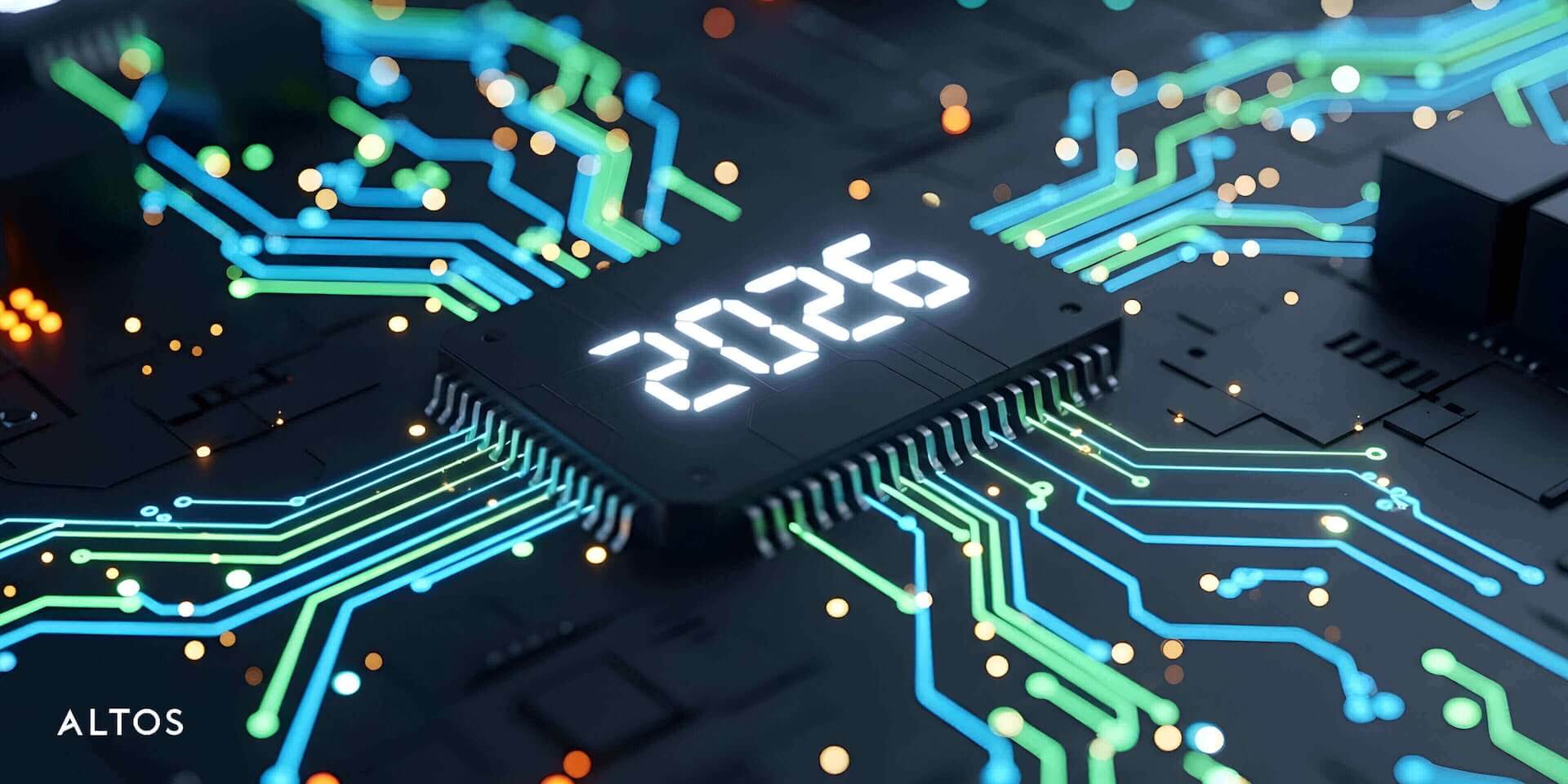 A computer chip labeled "2026" is connected to glowing blue and green circuit lines on a black motherboard.