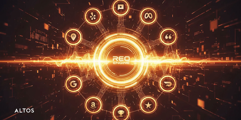 Circular interface labeled "REO ENGINE" at center, surrounded by glowing orange digital icons on a dark background.
