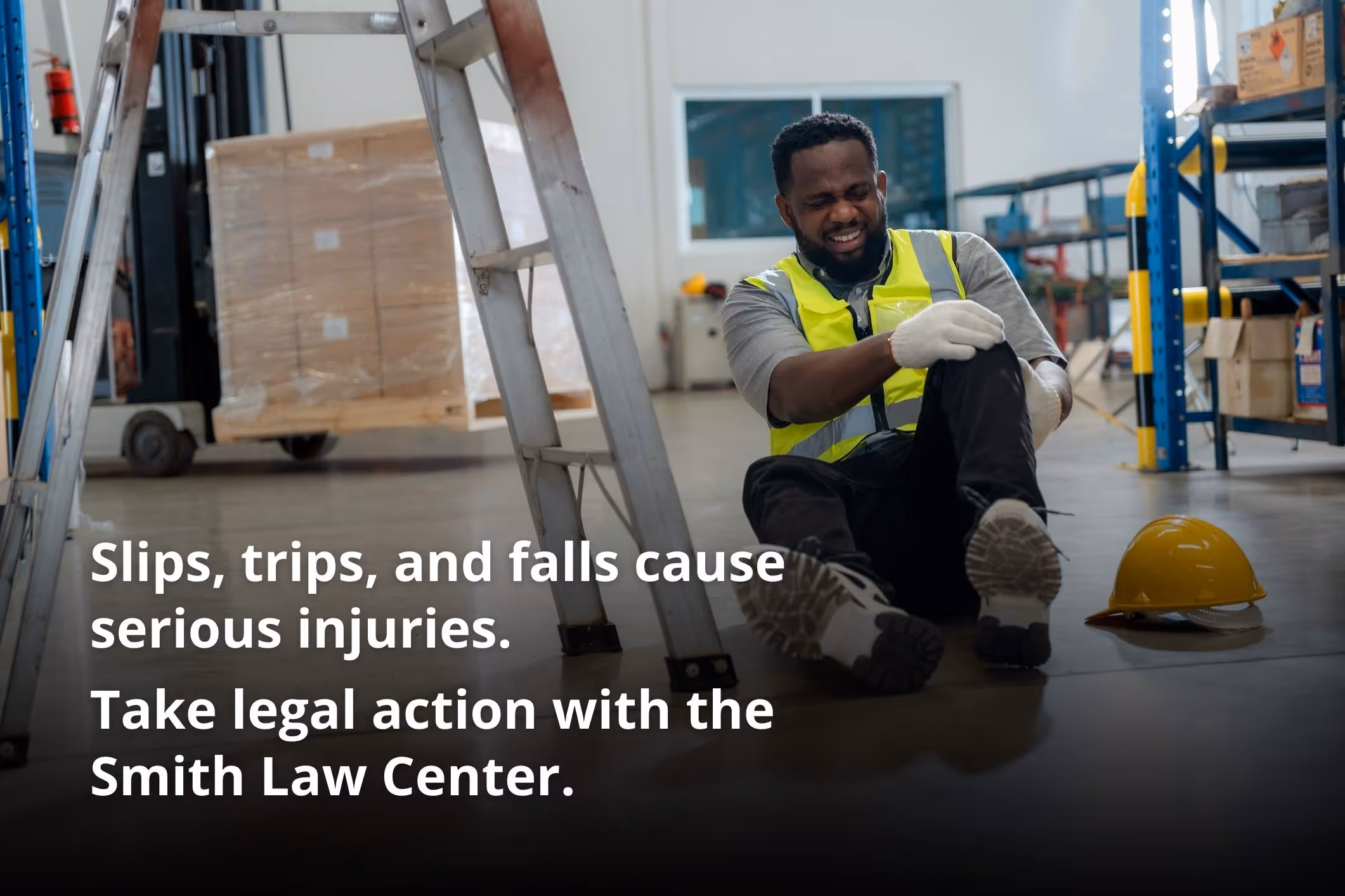 A man fell off a ladder while working in a warehouse. Slips, trips, and falls statistics show these are leading causes of workplace injuries and deaths.