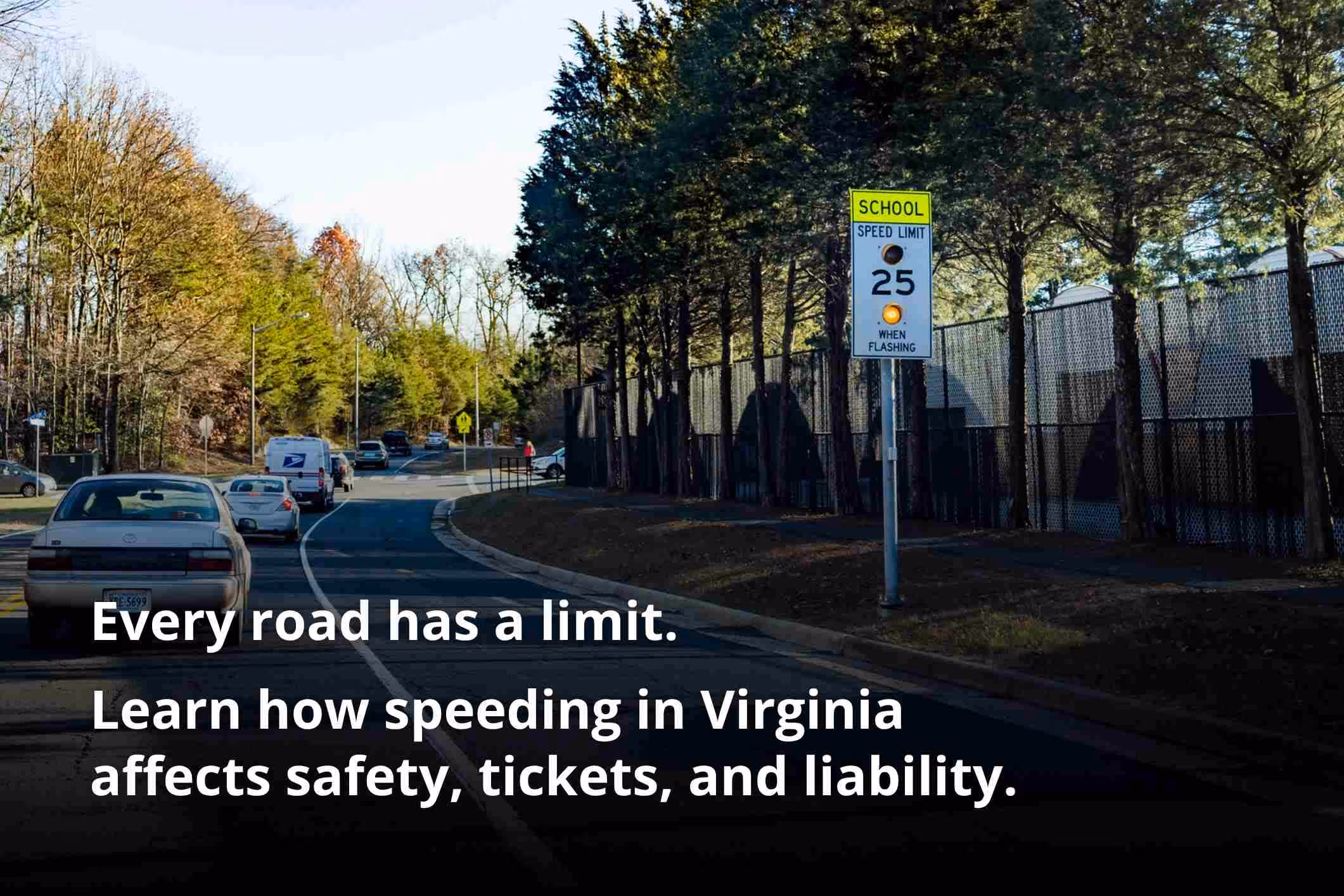 Cars yielding in traffic near a school crosswalk, illustrating how Virginia speed limit laws apply in everyday driving.