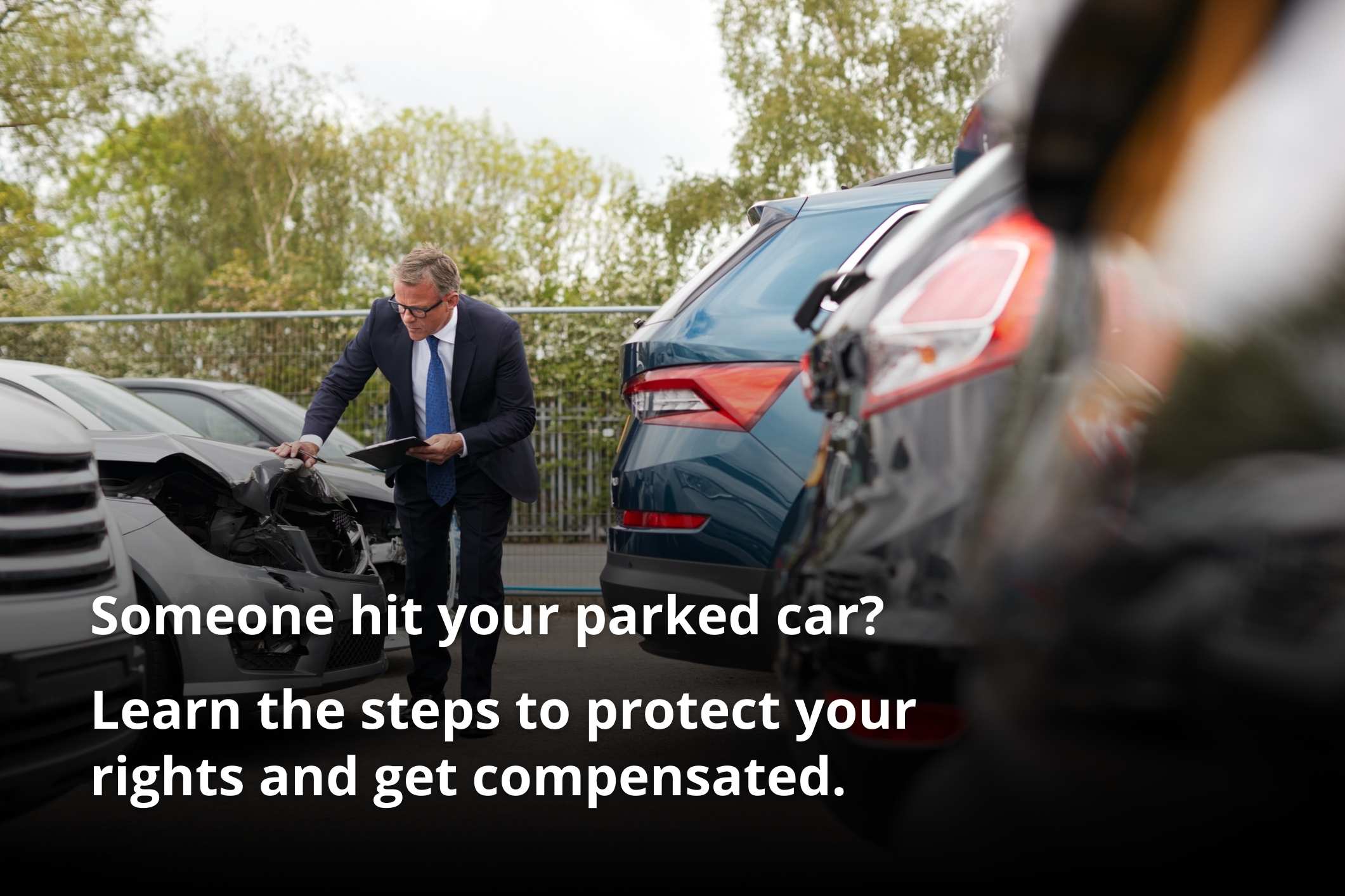 Worried driver speaking with an insurance adjuster after a crash, symbolizing what to do when someone hits your parked car.
