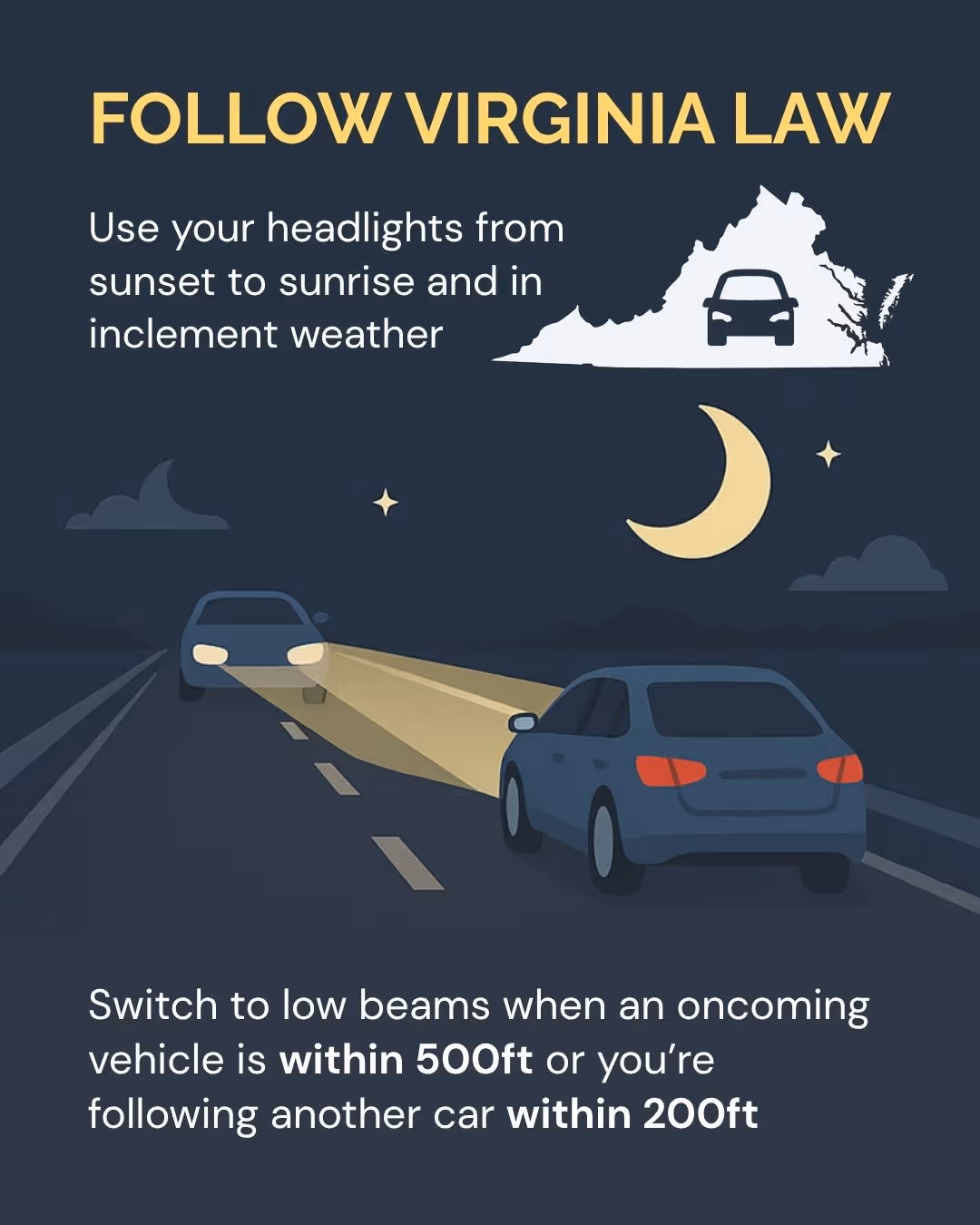 Cars on a Virginia road with headlights and safety law reminders.