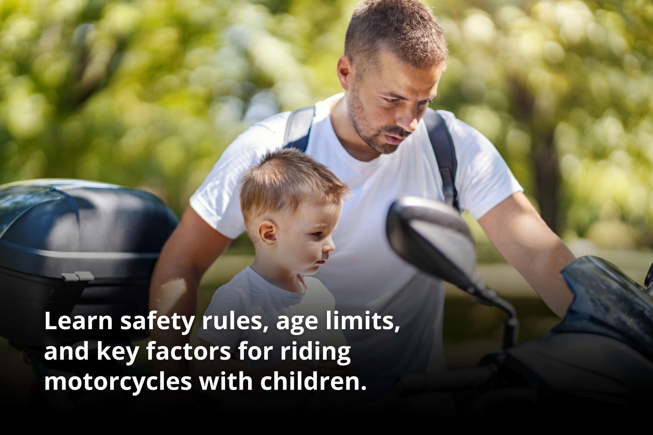 Father and son putting on helmets near a bike, representing can kids ride on motorcycles.