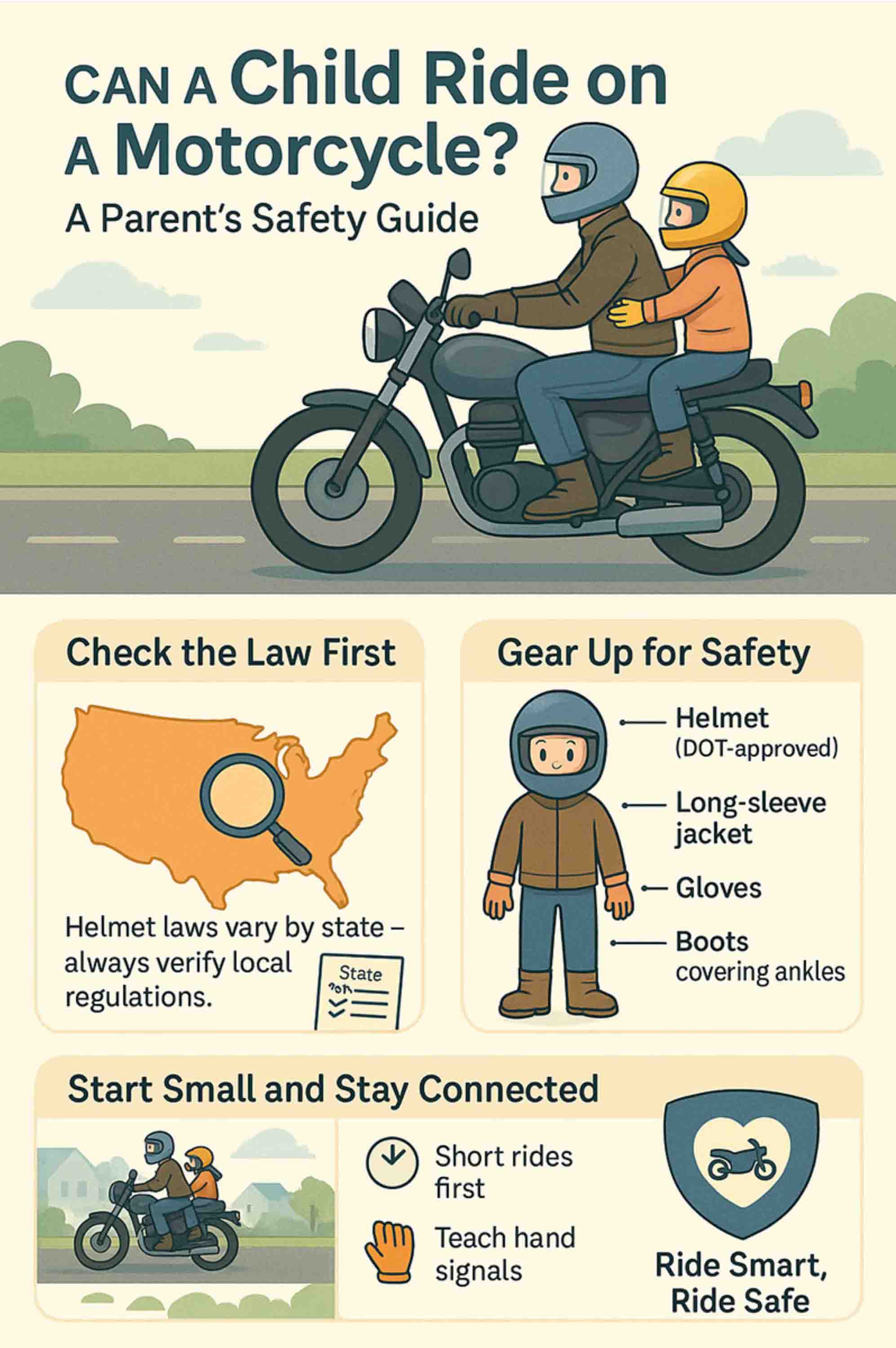 : Illustrated guide showing safety gear and rules for kids riding on motorcycles.
