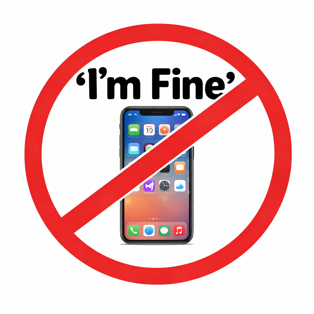  Phone crossed out with “I’m Fine” text, representing recorded statements after accidents