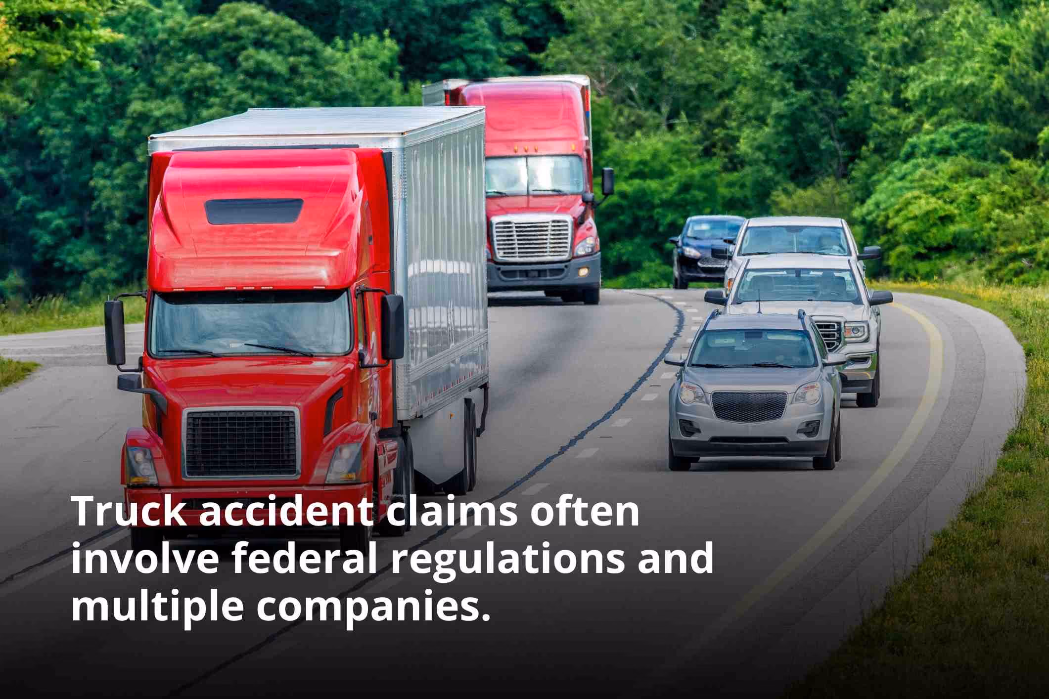 Heavy highway traffic with semi-trucks, illustrating what makes truck accident cases more complex than car accidents.