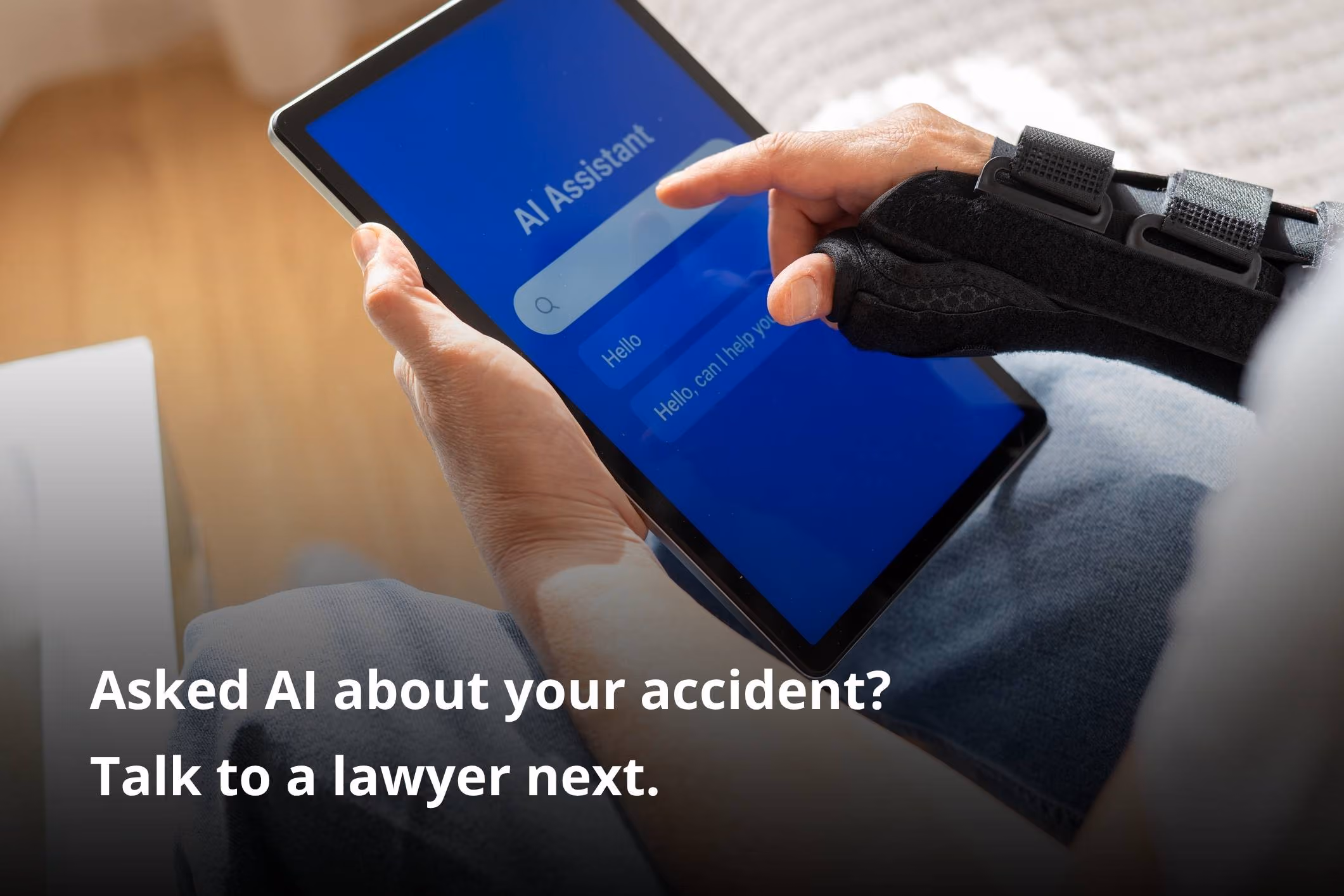 Injured person using an AI chat app on a tablet, illustrating the limits of AI legal advice.