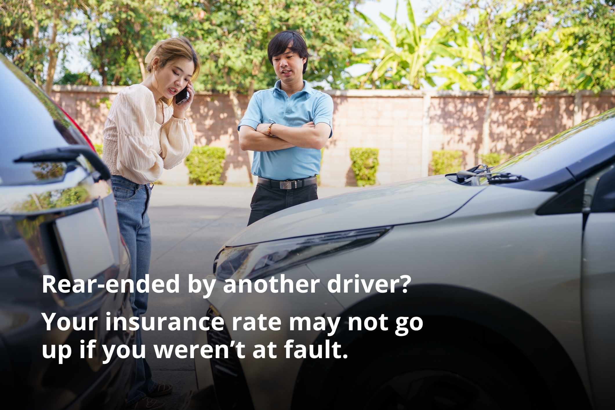 Drivers discussing crash damage and asking, will my insurance go up if I get rear-ended?