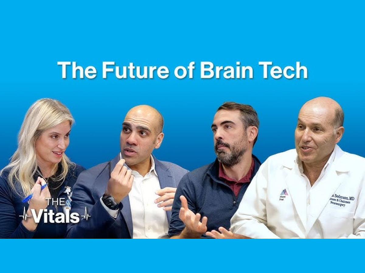 Panel of four experts discussing 'The Future of Brain Tech,' shown against a blue background with the logo 'The Vitals'