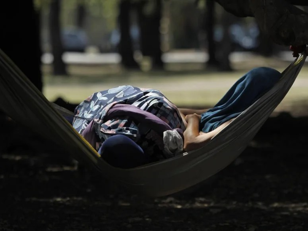 Person resting in a hammock outdoors in a shaded park.