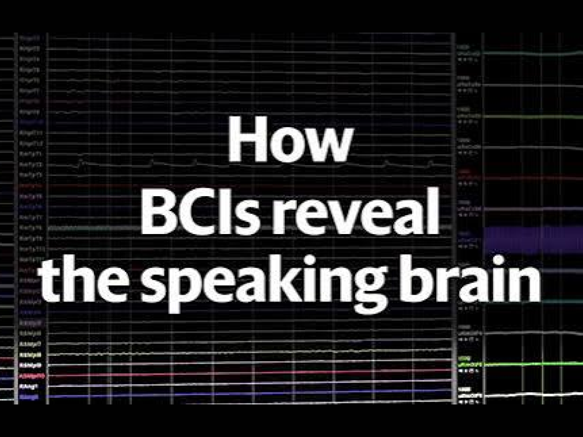 Title graphic reading "How BCIs reveal the speaking brain" in large white text over a dark background featuring multicolored neural signal traces and brain-computer interface waveform data.