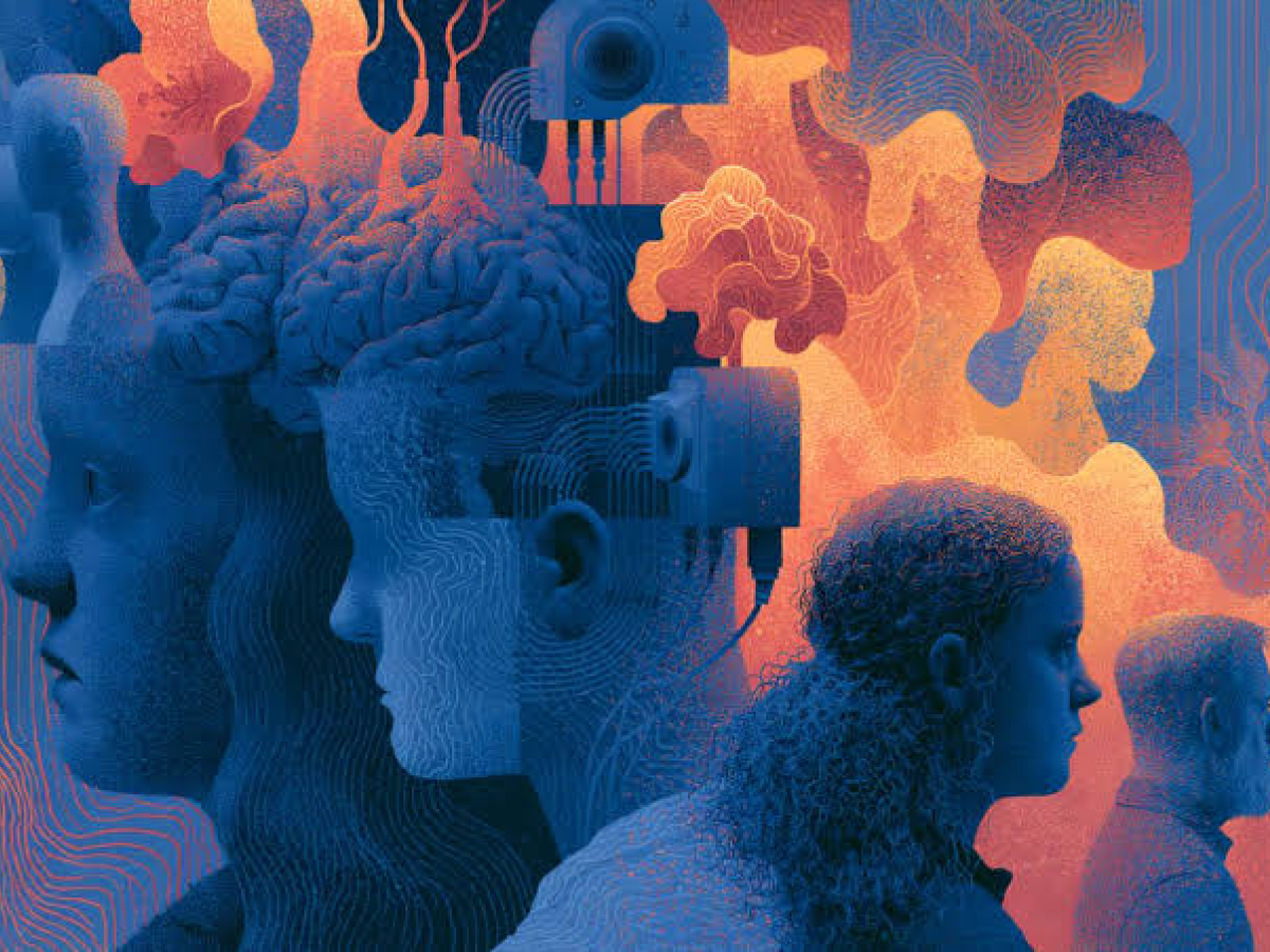 Stylized illustration of human heads, brains, and abstract neural patterns in blue and orange tones.