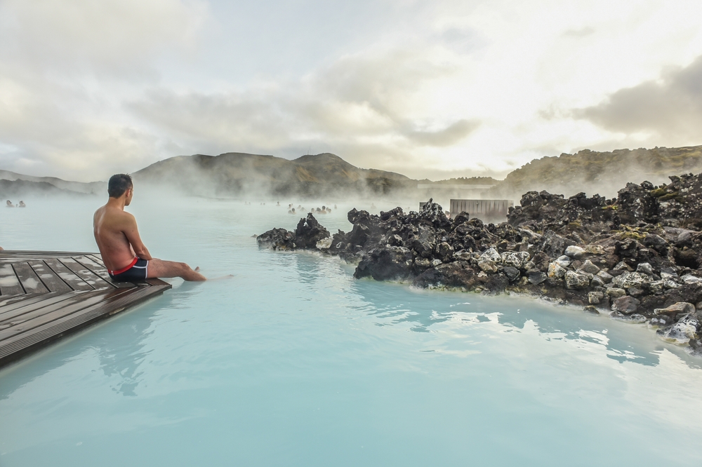 Landscape View Of The Beautiful Hot Spring, Blue Lagoon With Sunset At Reykjanes, Peninsula, Iceland