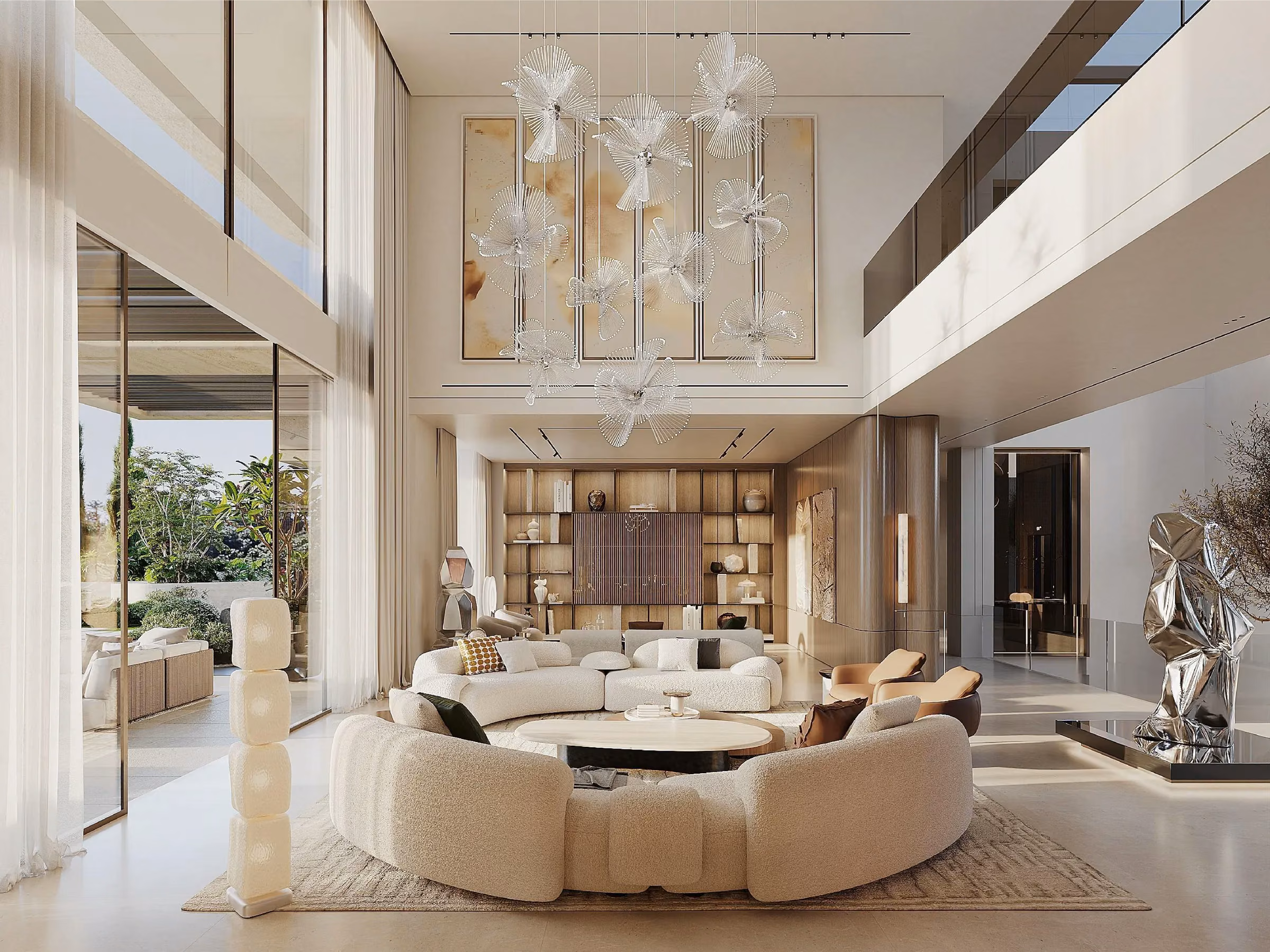 Double-height living room with curved seating and a sculptural chandelier — La Zagaleta Villa
