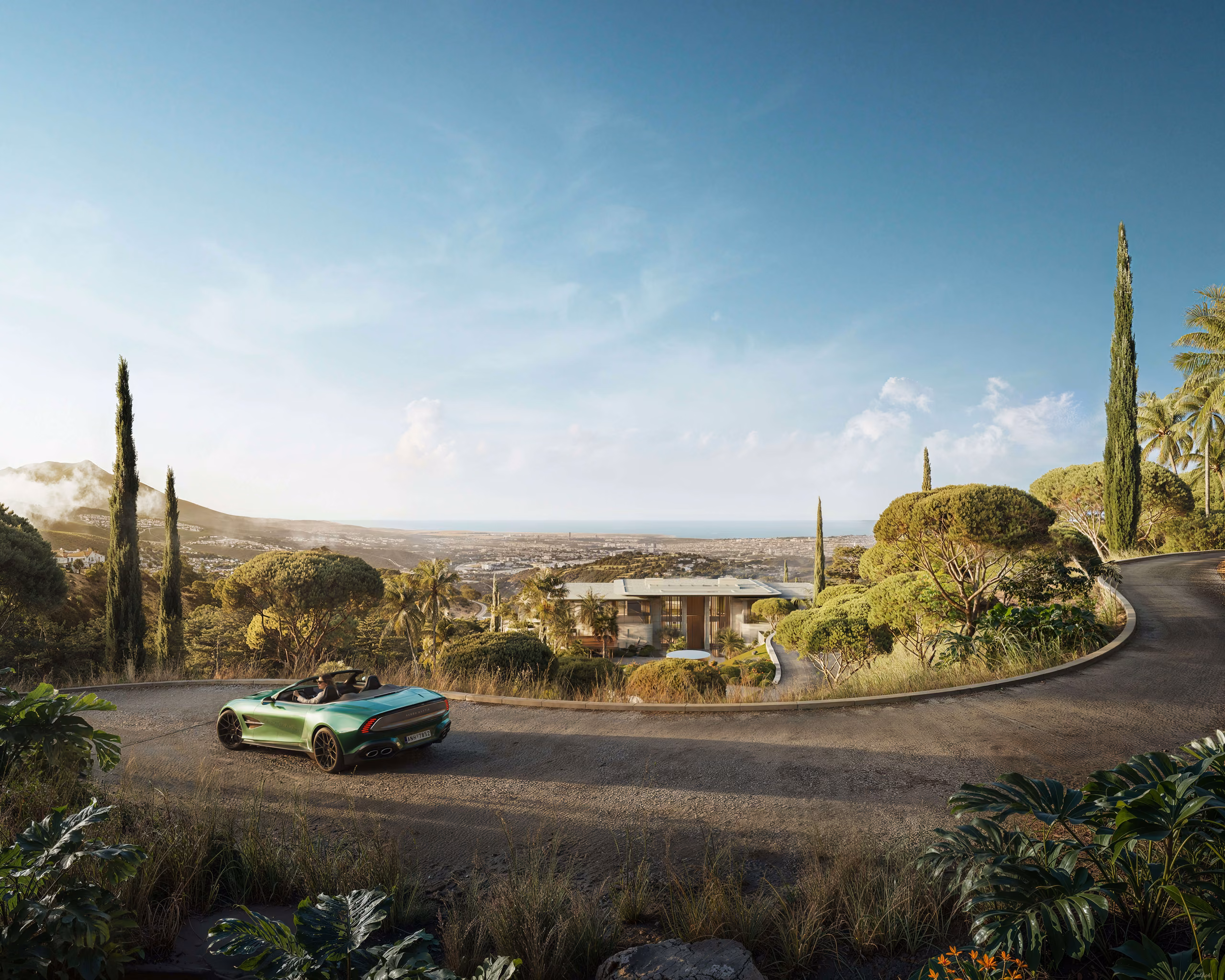 Curving approach road among trees, with a green convertible and the villa beyond.