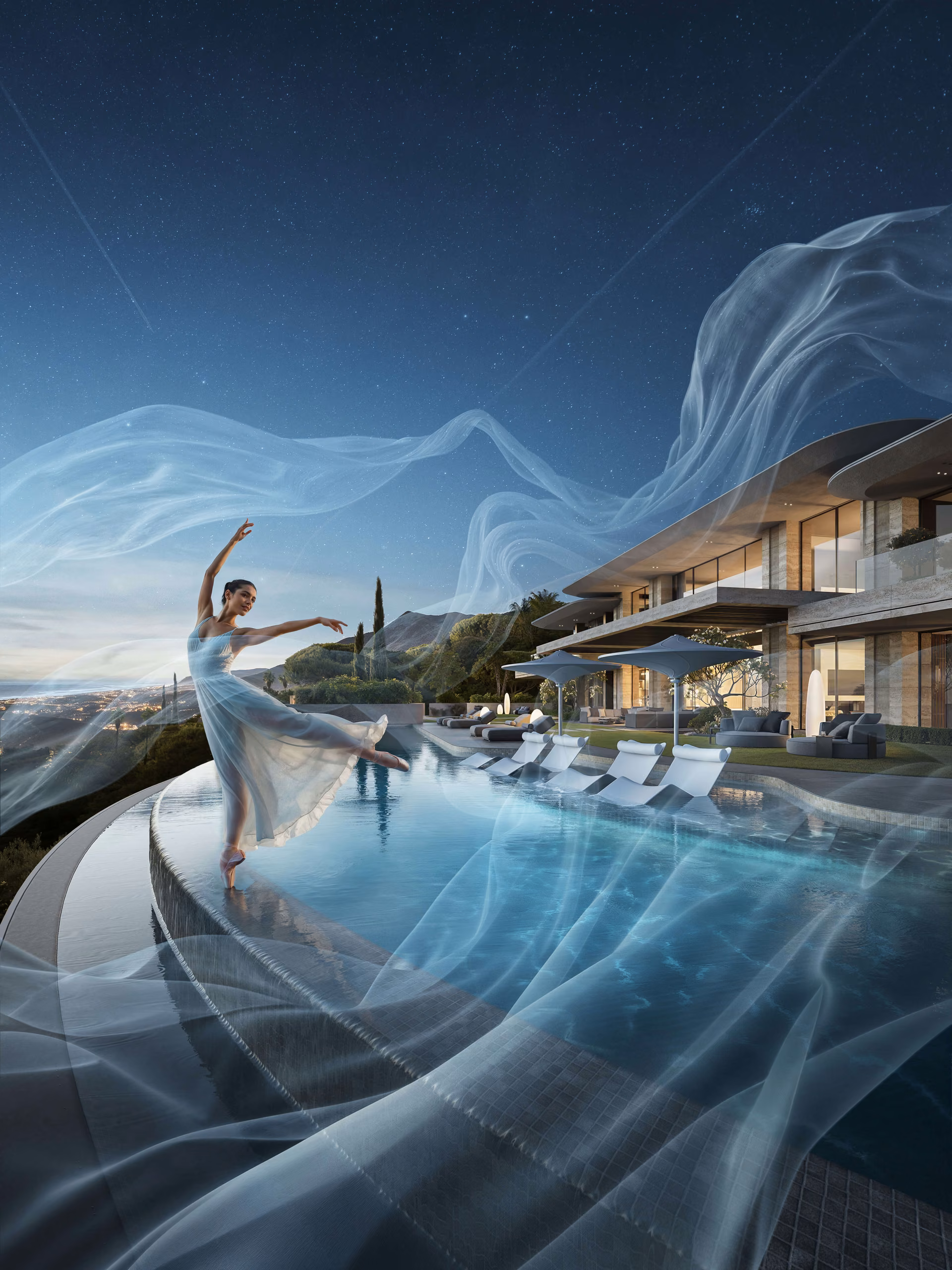 Artistic composition of a dancer beside the villa pool, surrounded by translucent veils under a night sky.