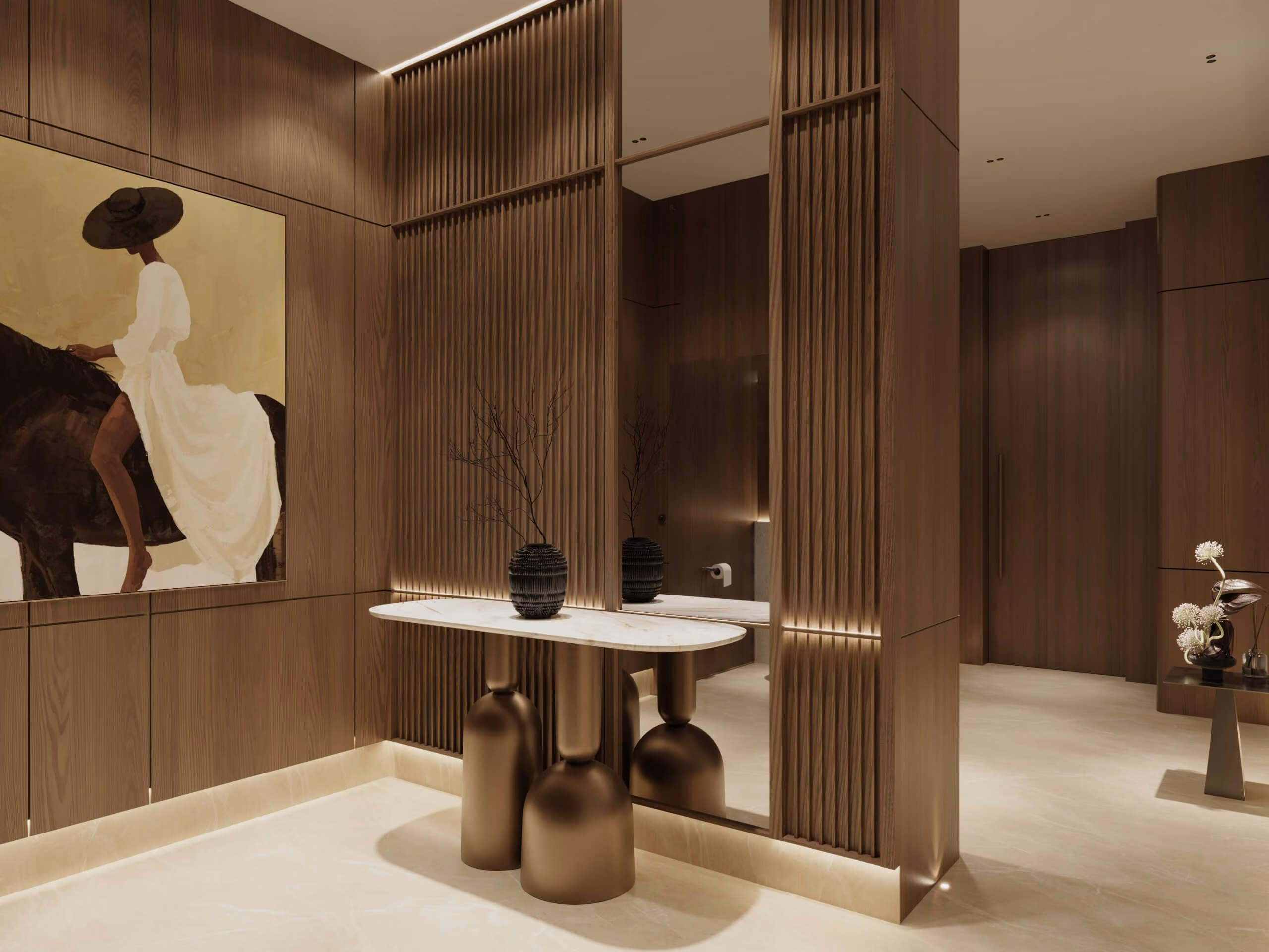 Sculptural console in front of a mirror and artwork in a wood-paneled space at Aqquaaba.
