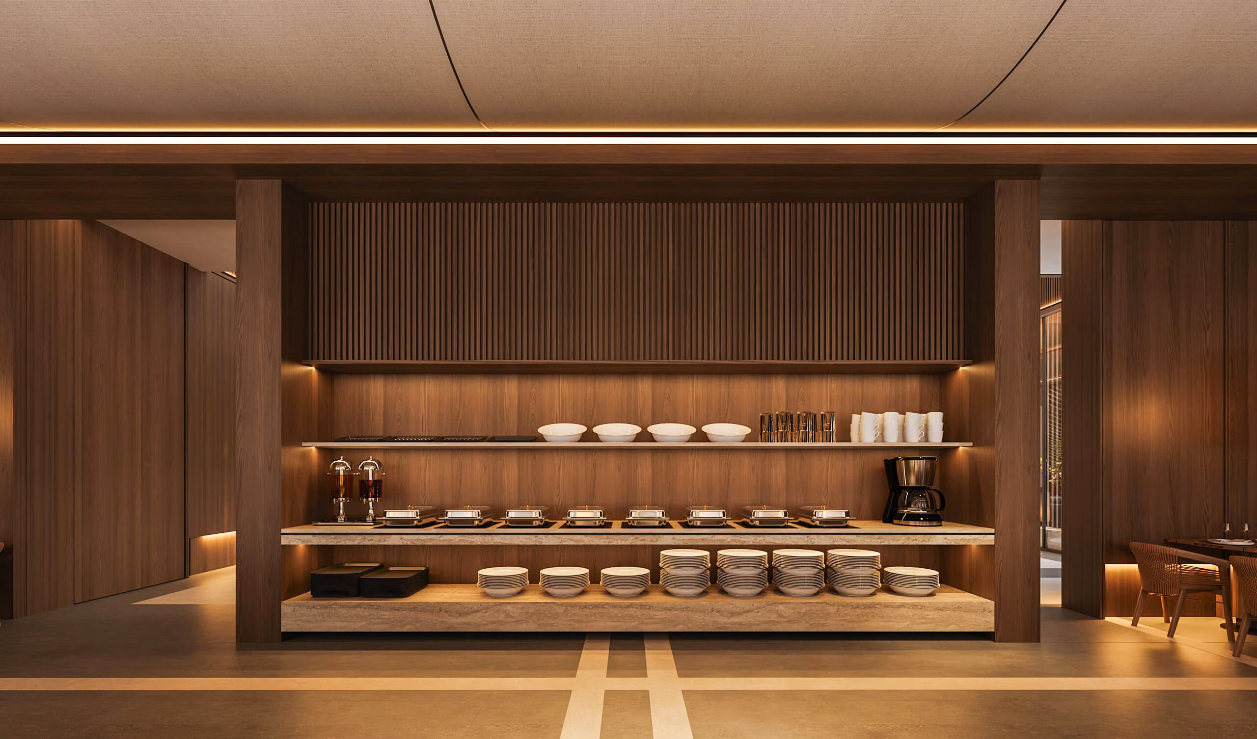 Aqquaaba restaurant buffet with wood shelving, tableware and an illuminated serving counter.