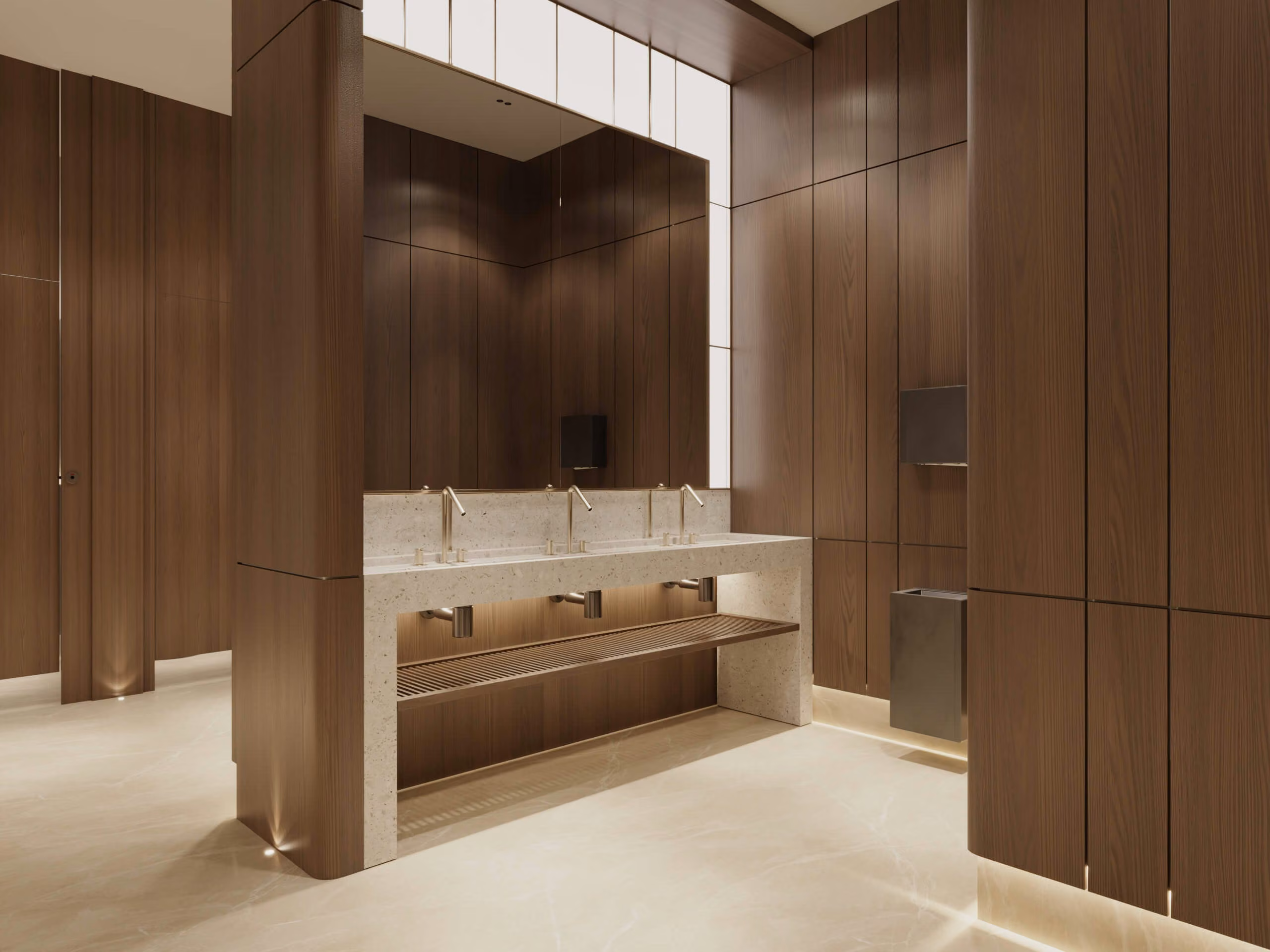 Aqquaaba washbasin area with a light stone counter and a tall mirror between wood panels.