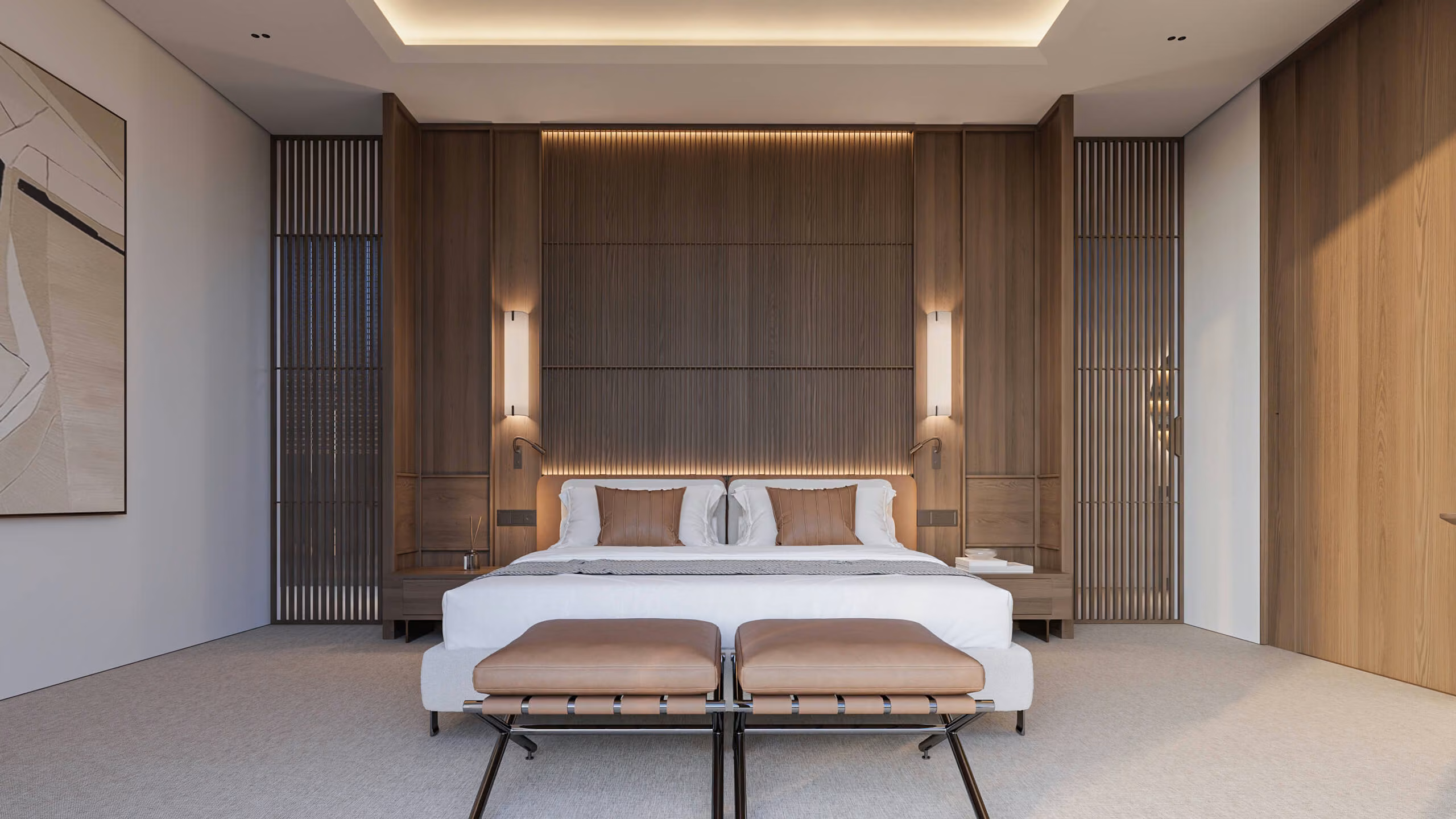 Front view of an Aqquaaba bedroom with a wood headboard, two benches and indirect ceiling lighting.