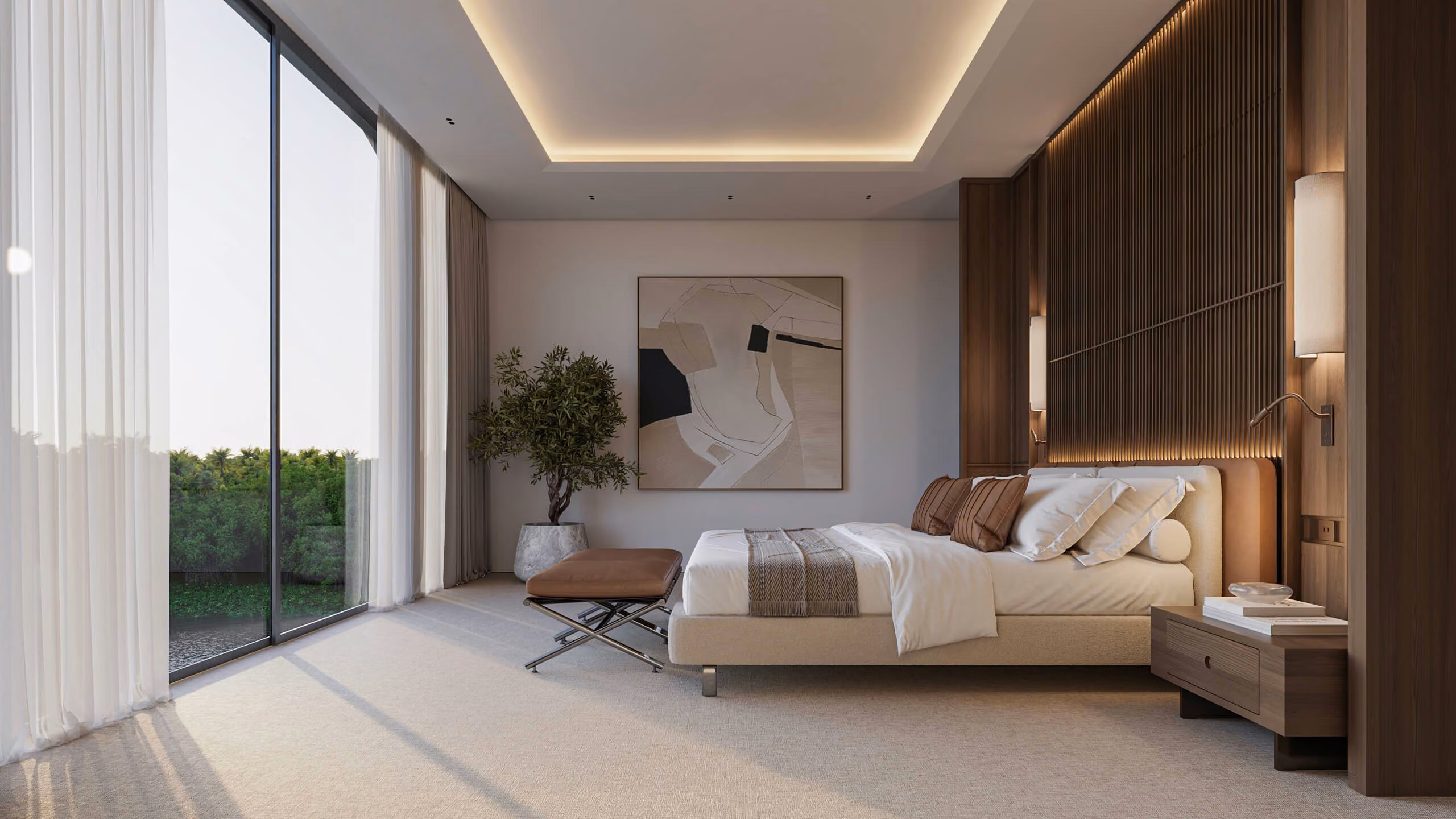 Bed and bench beside a large window, with wood panels and abstract art at Aqquaaba.