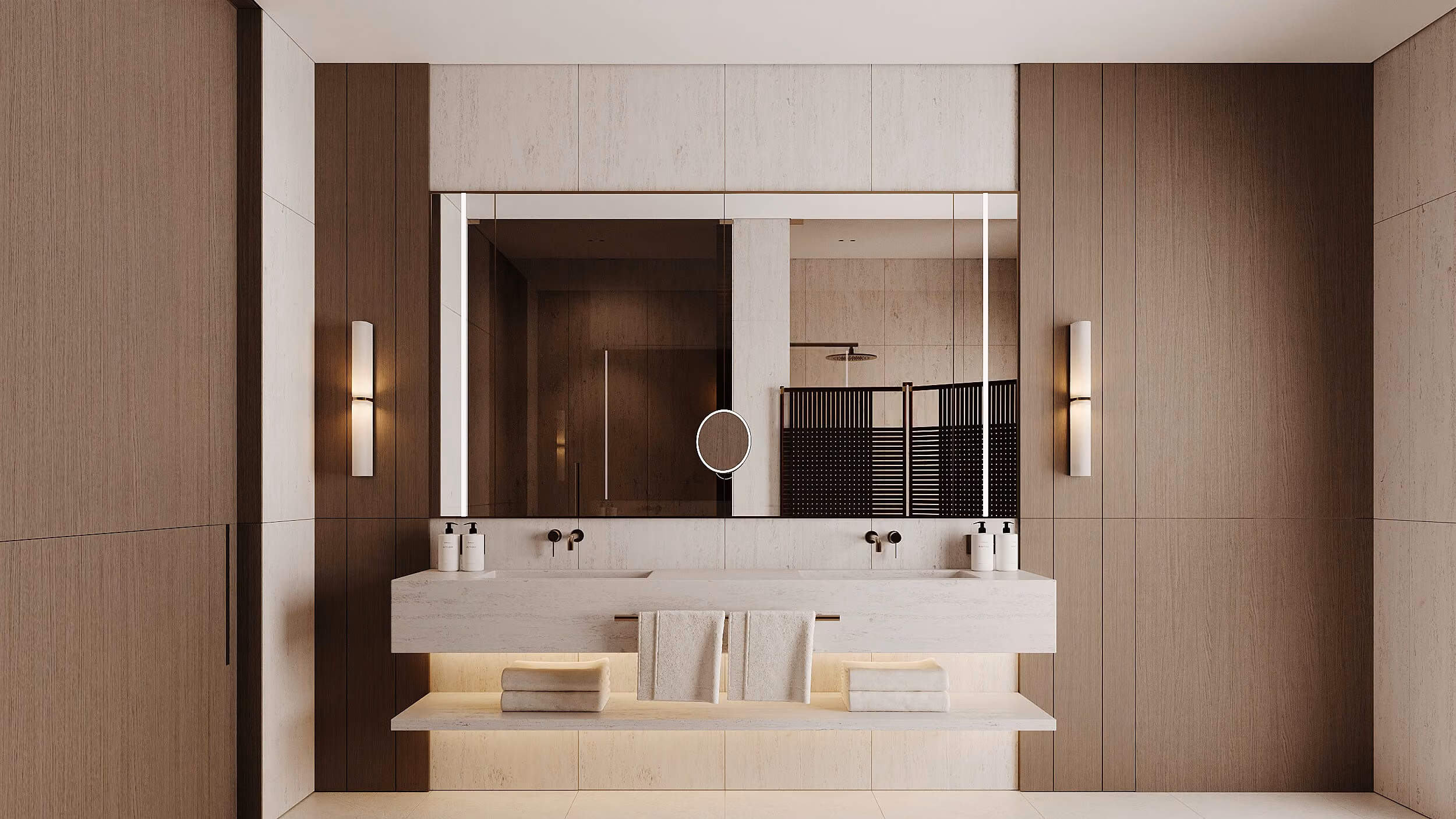 Aqquaaba bathroom with a floating double vanity, rectangular mirror and wood paneling.