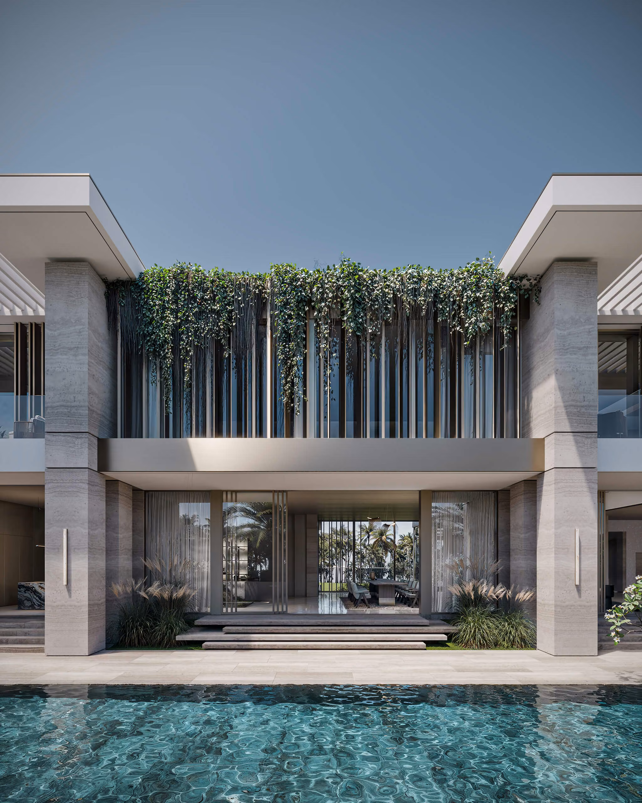 Fachada junto a la piscina, con ventanales, celosías verticales y plantas colgantes.