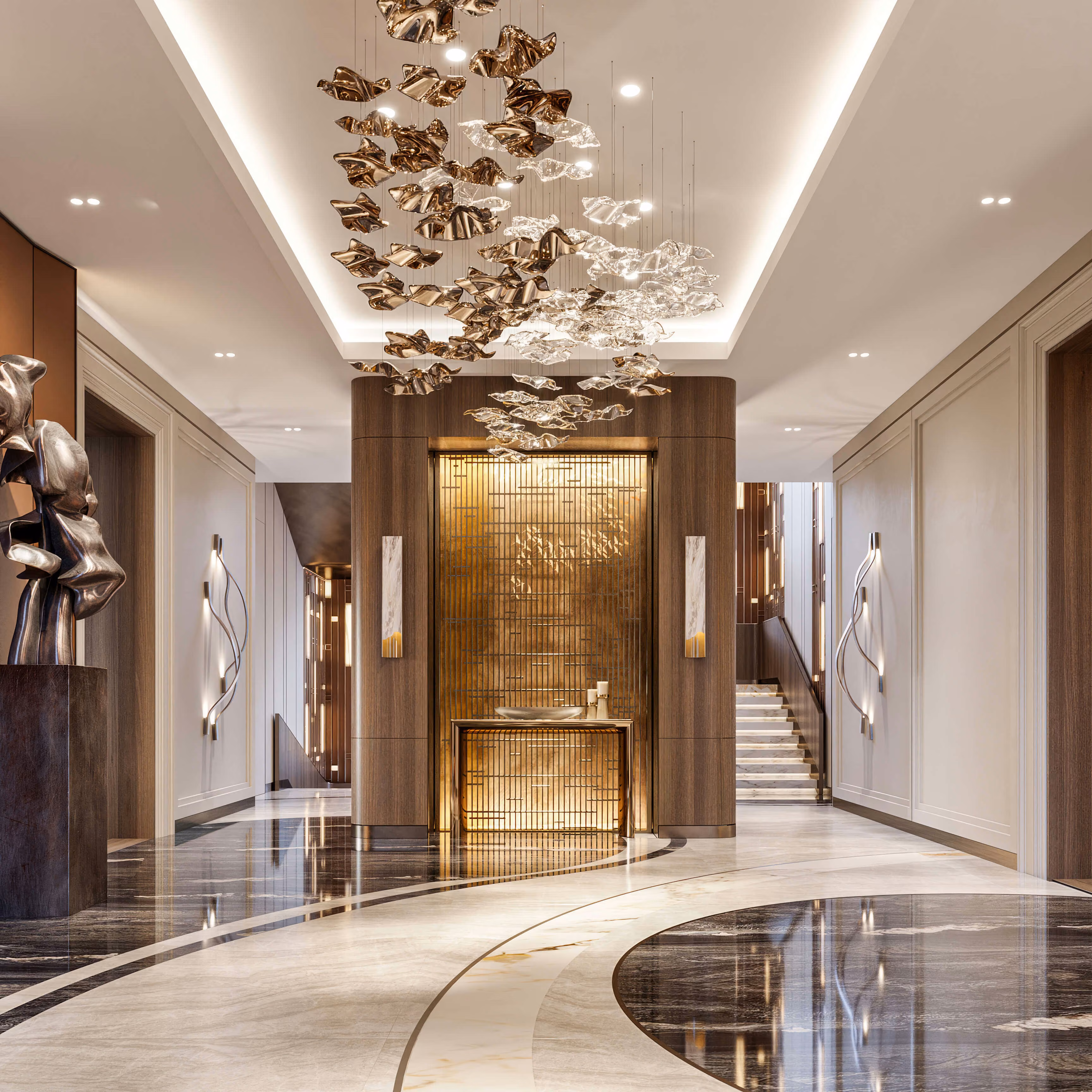 Vestíbulo de Alps Residence con panel dorado iluminado, consola y trazados curvos en el suelo.