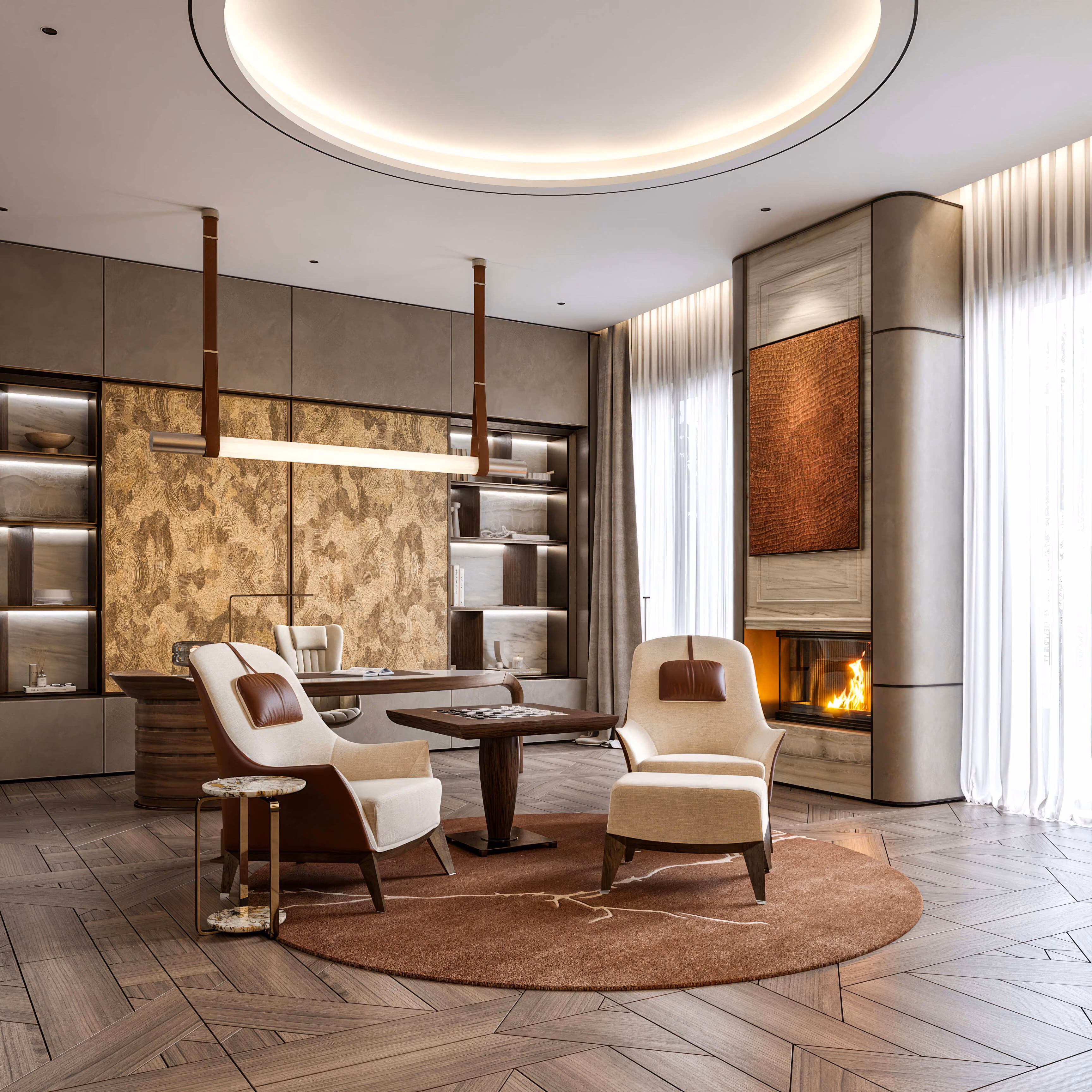 Zona de lectura y juego de Alps Residence con dos butacas, reposapiés y chimenea bajo un techo circular iluminado.