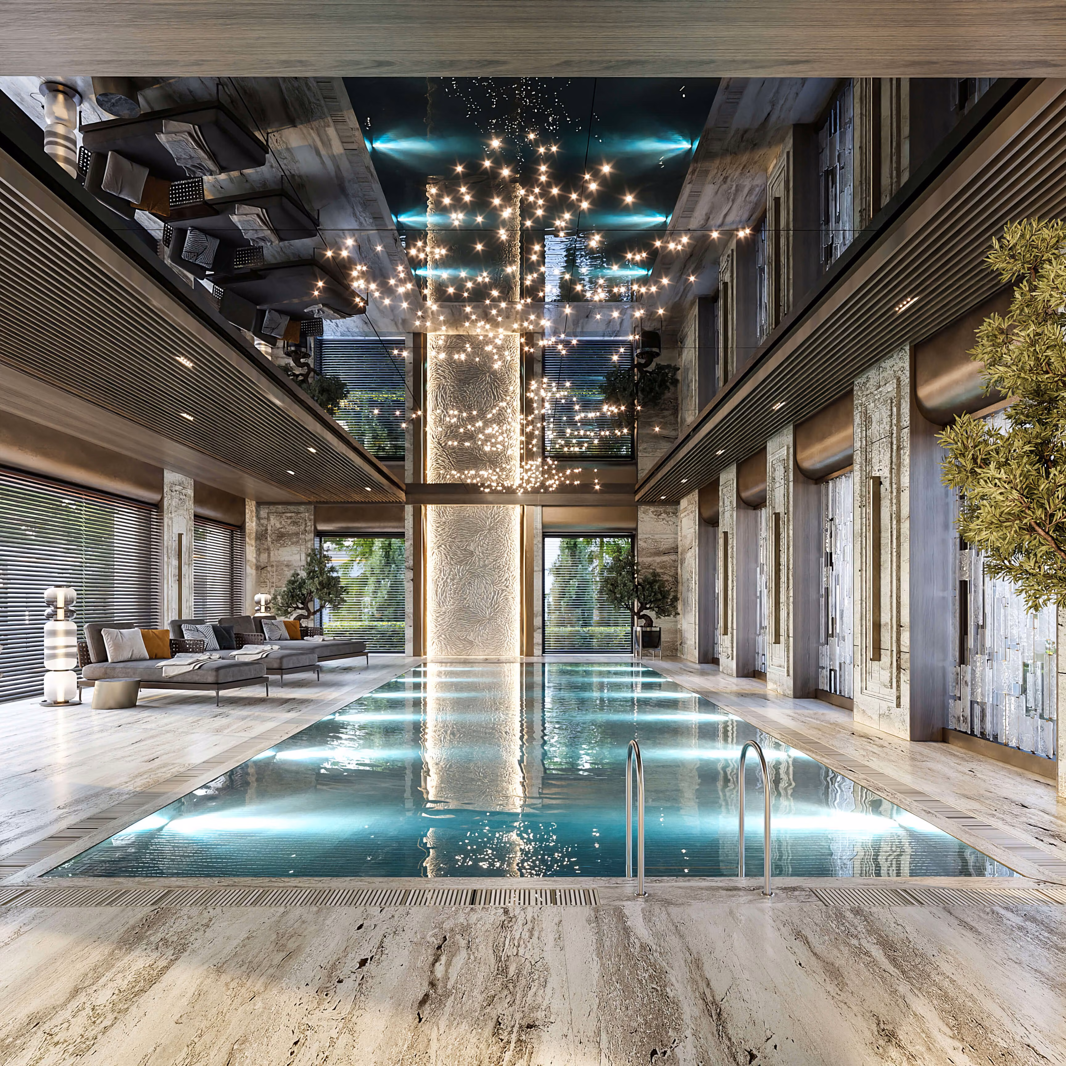 Piscina interior de Alps Residence bajo un techo reflectante con puntos de luz, junto a grandes ventanales.