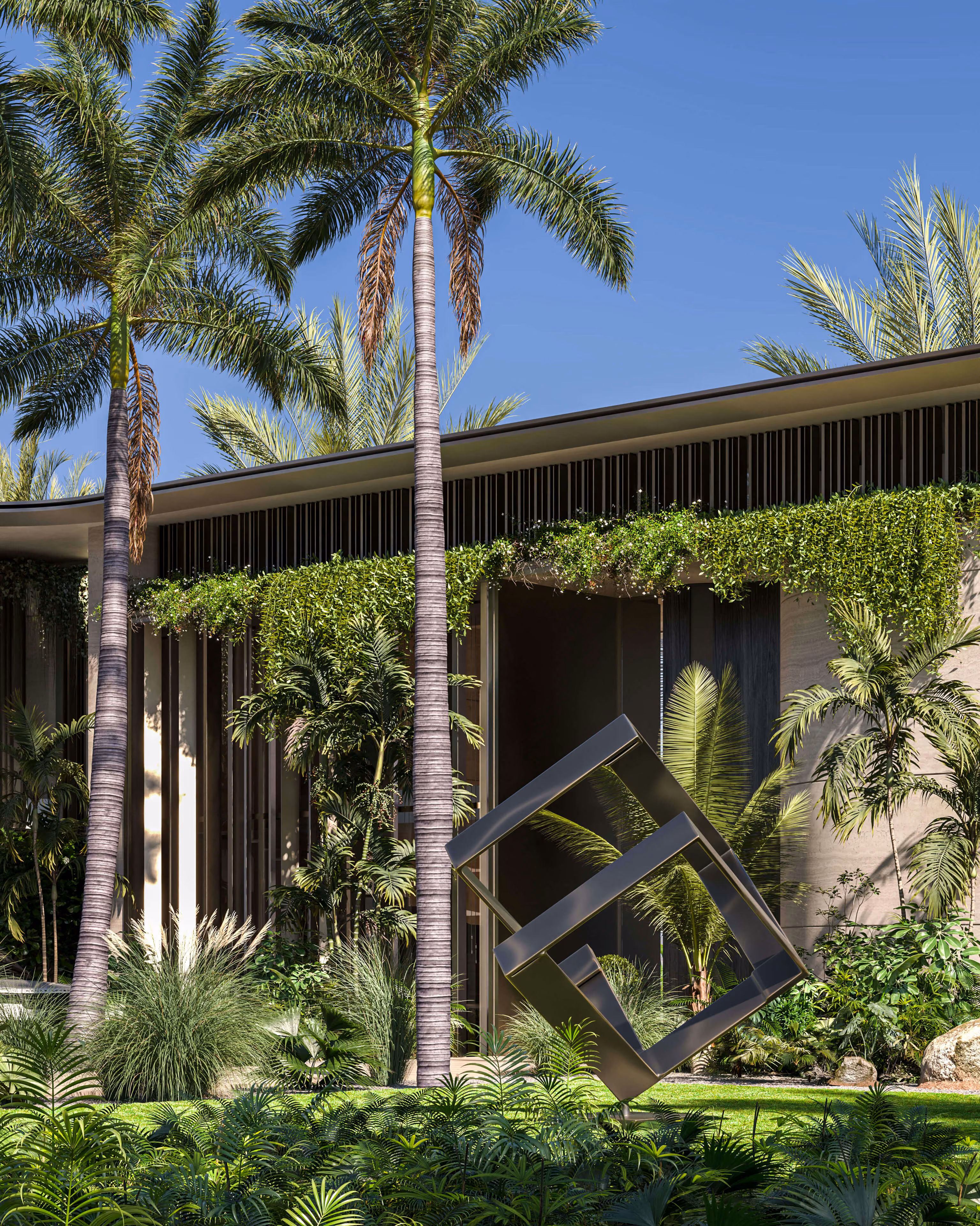 Leaning geometric sculpture among palms in front of a facade with vertical screens.