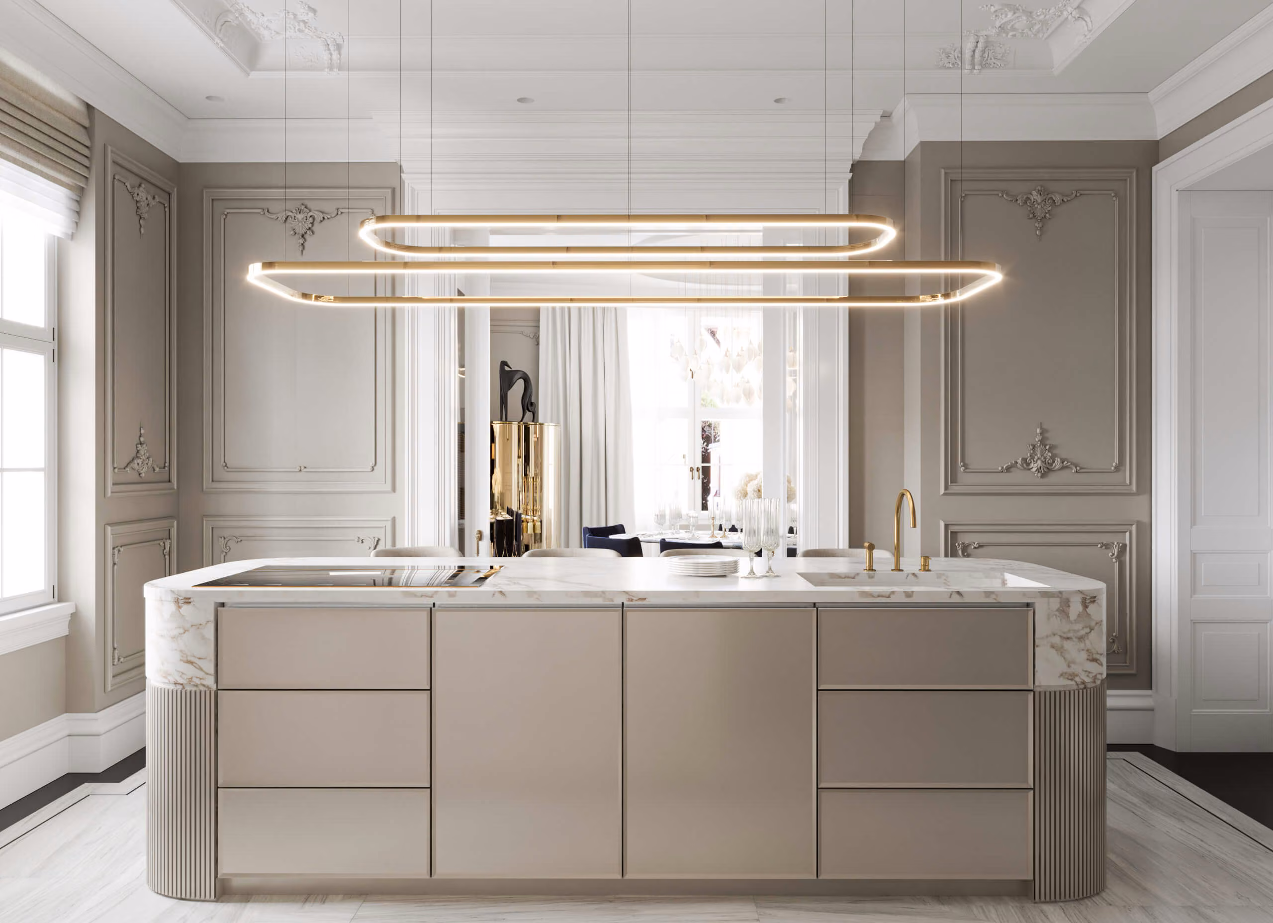 Vienna Oasis kitchen island with light drawers and fluted ends, facing the passage to the dining room.