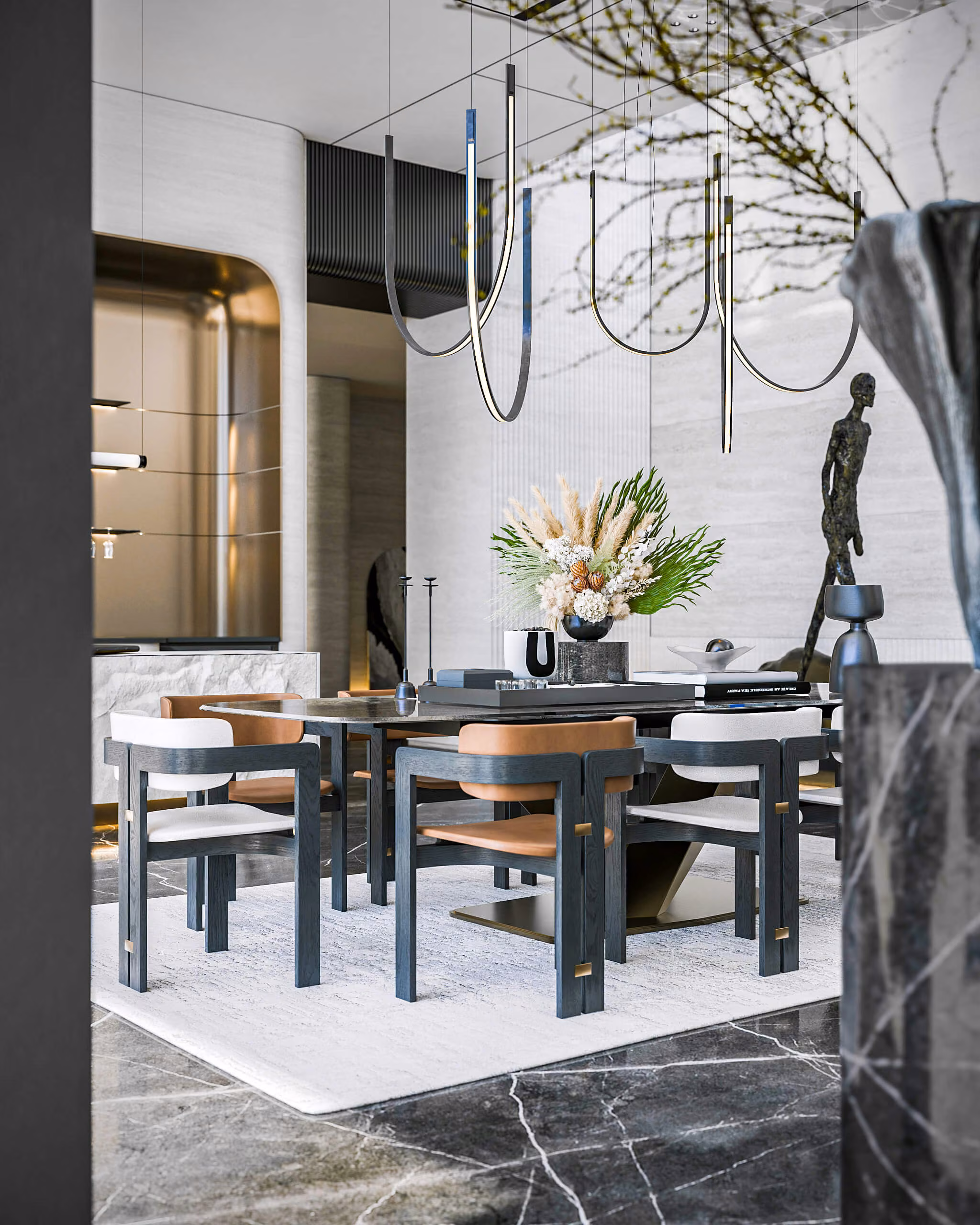 Comedor de White Prince con sillas de tonos blancos y marrones, lámparas suspendidas y una escultura al fondo.