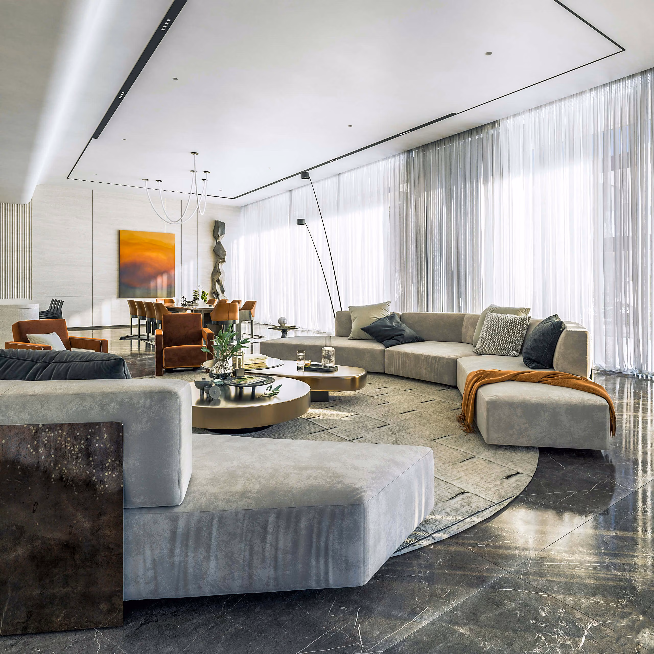 Salón de White Prince con sofás grises, mesas bajas y grandes ventanales con cortinas translúcidas.