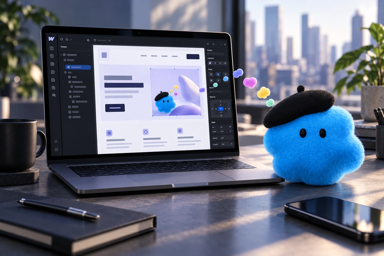 OpenAI blue Dot character beside a laptop showing a Webflow-style website builder