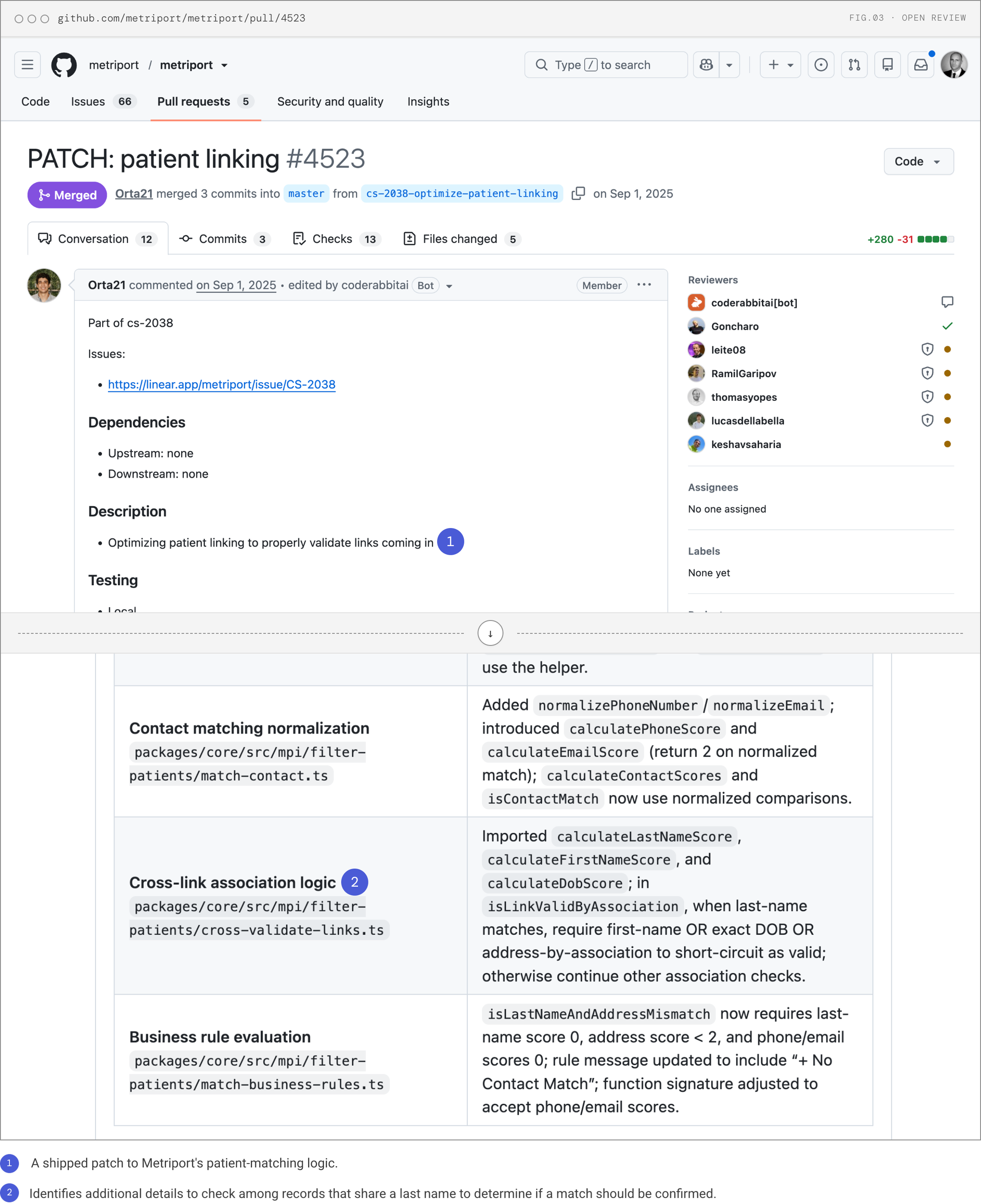 Screenshot of a merged GitHub pull request shipping a patch to Metriport's patient-matching logic, with a callout on the cross-link check for records sharing a last name.