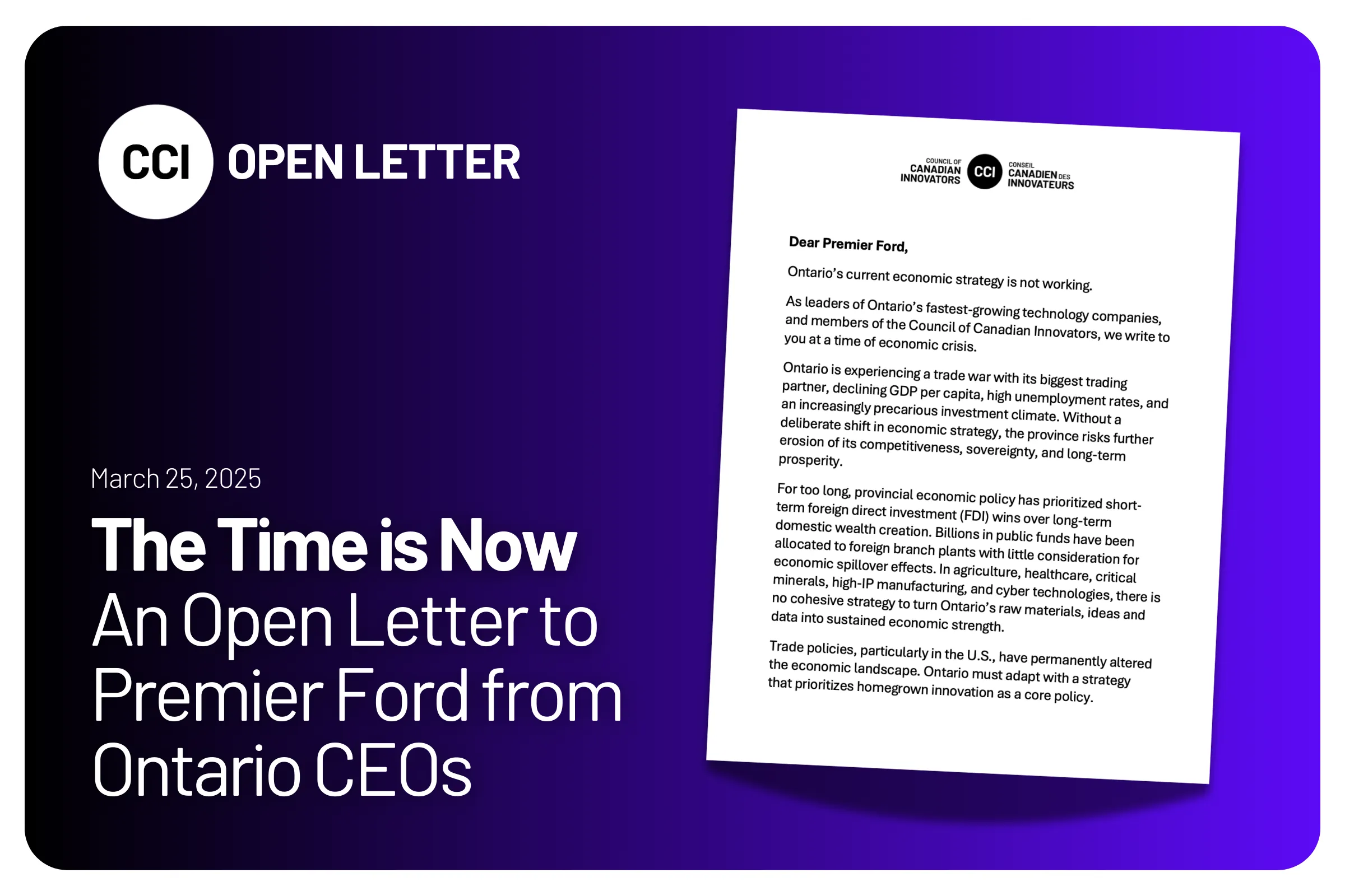 The Time is Now - An Open Letter to Premier Ford from Ontario CEOs
