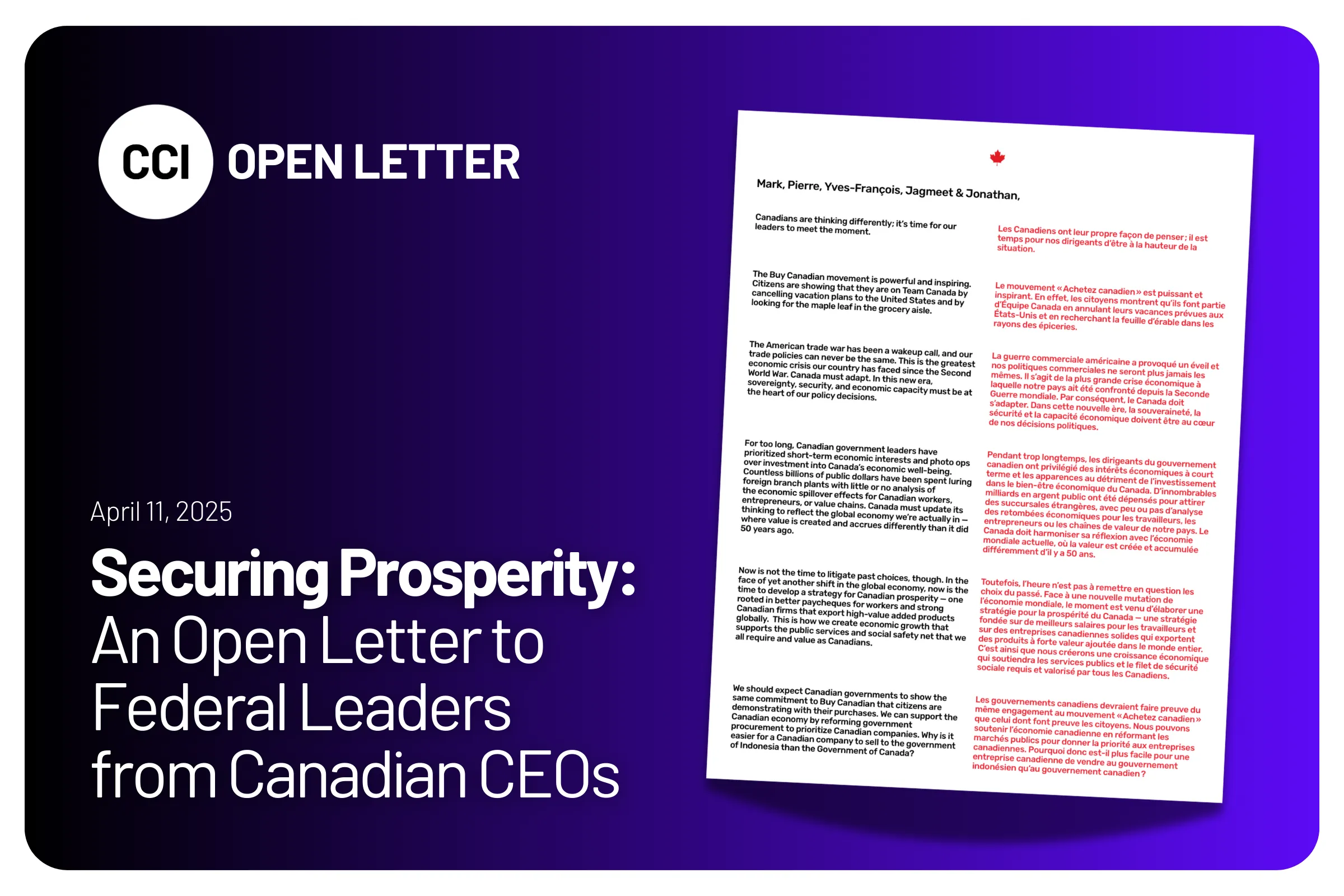 Securing Prosperity: An Open Letter to Federal Leaders from Canadian CEOs