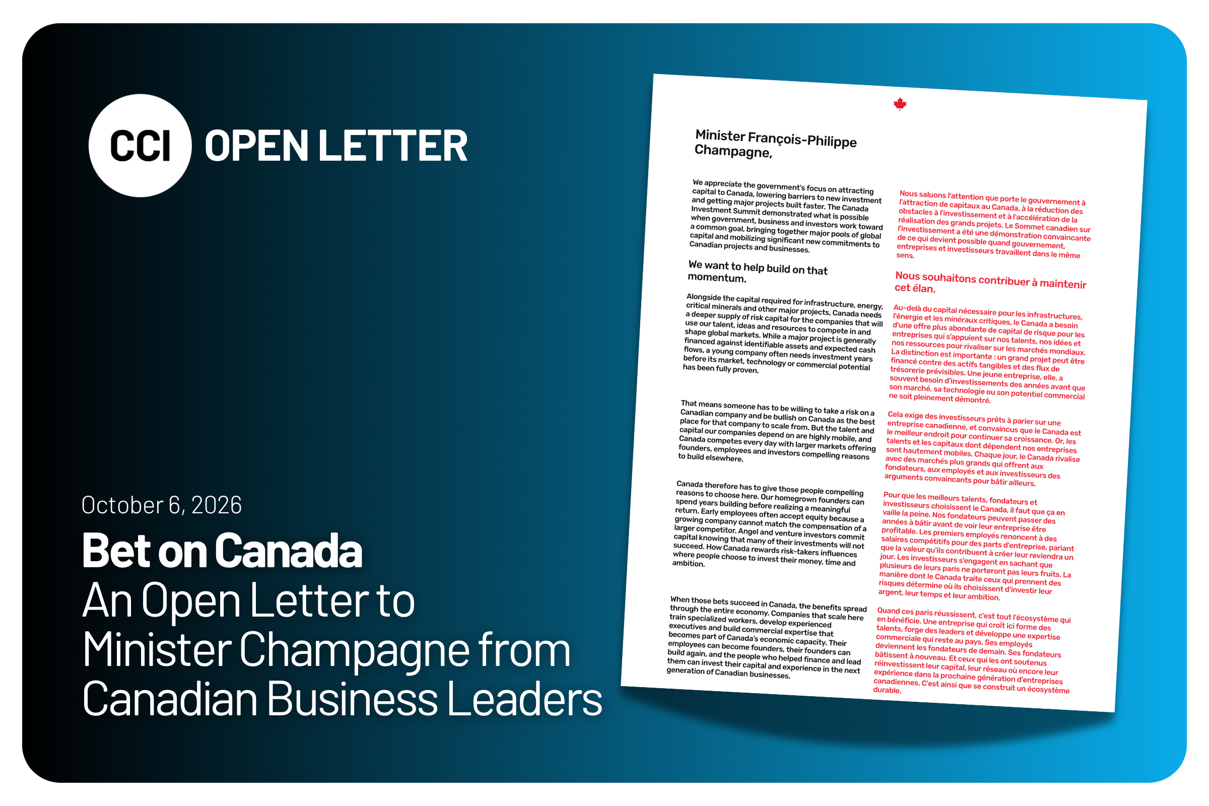Canadian Innovators and Investment Leaders Launch ‘Bet on Canada’ Campaign, Urging Ottawa to Adopt Targeted Tax Reforms Ahead of Budget 2026