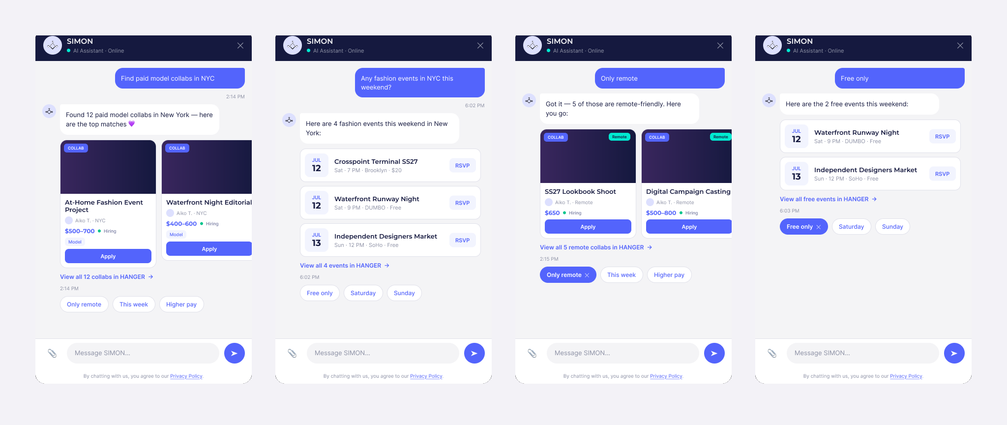 Two concepts for recommending events in chat: image carousel vs compact list