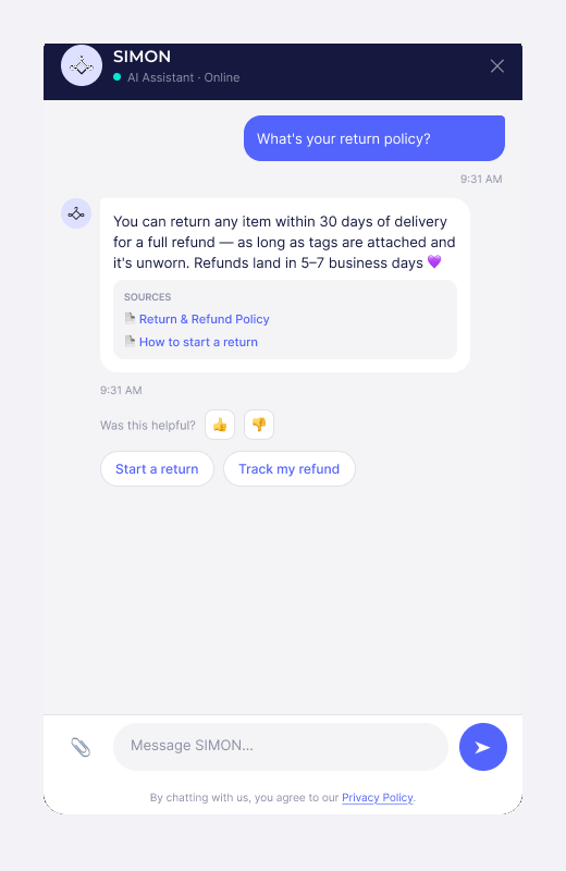SIMON answer with source links and feedback